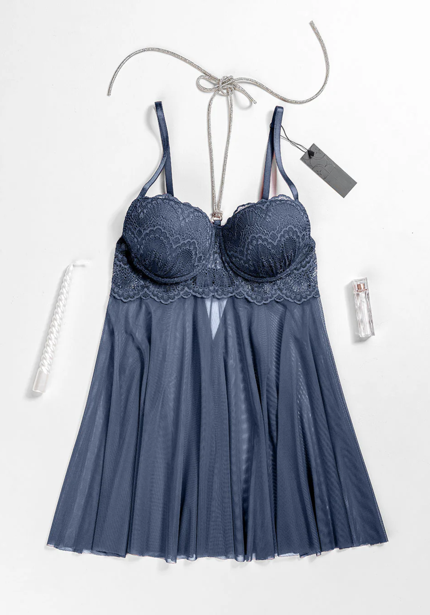 Lingerie Babydoll: Shoulder Strap Dantel Padded Bra With Stras Necklace Attached With Toulle Extension And Panty