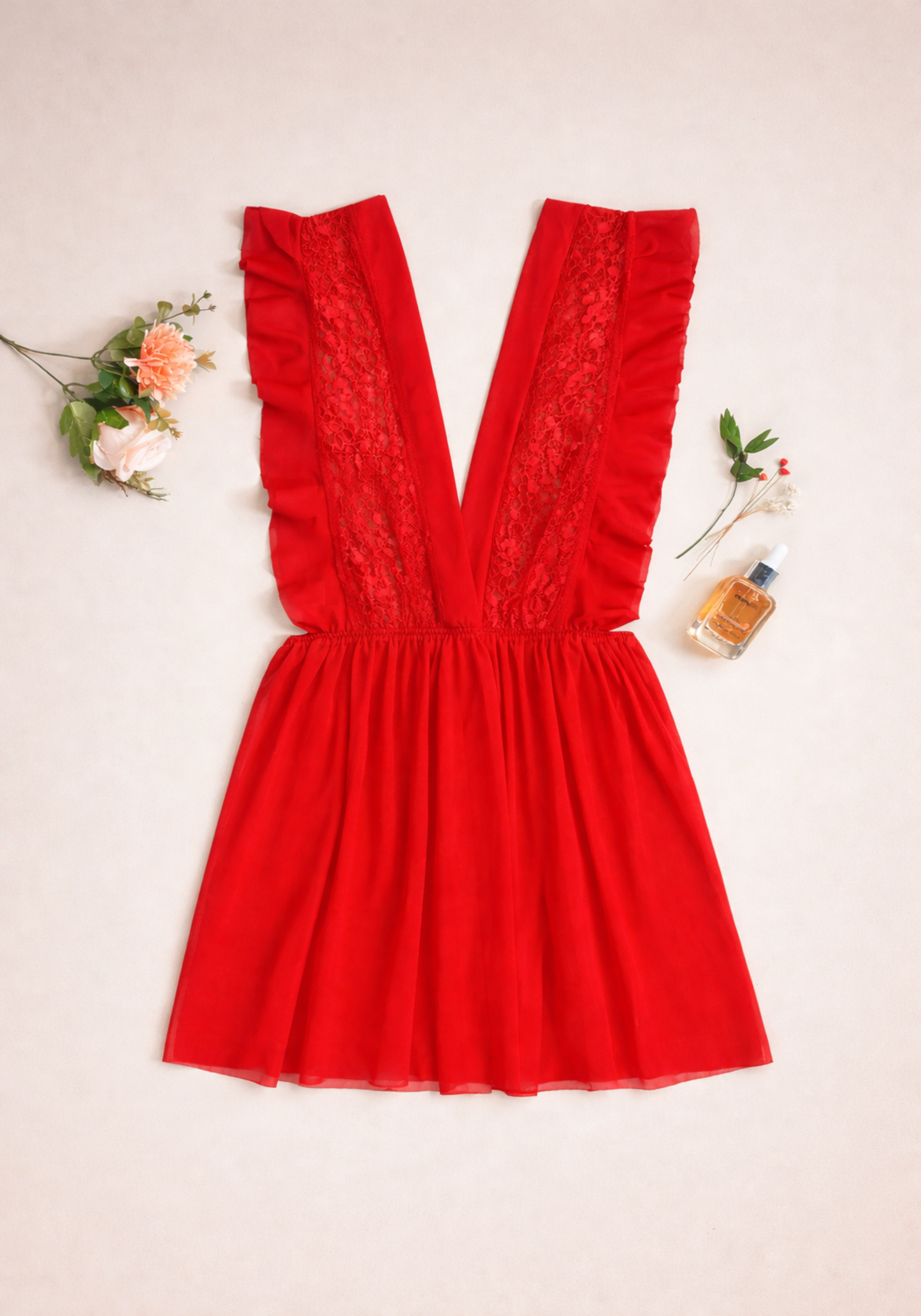 Toulle Babydoll With V Front And Back Opening And Lace Detail