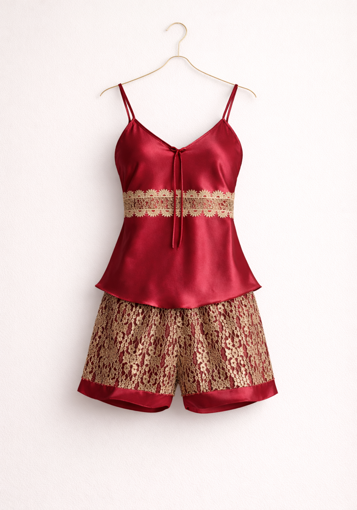 Satin Short Set: Shoulder Strap Top And Full Lace Shorts