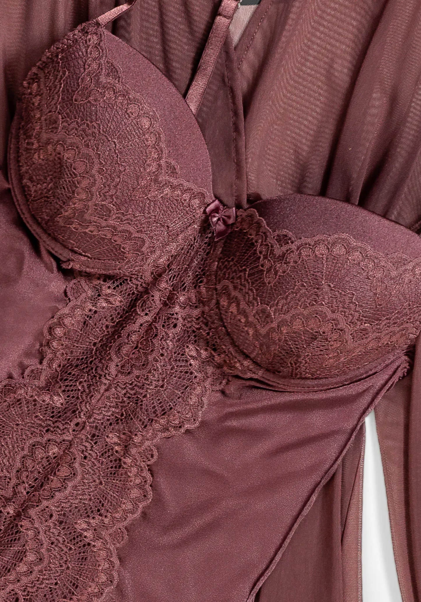 Lingerie Short Robe Set: Satin Lace Padded Bra Bodysuit And Schiffon Butterfly Short Kimono