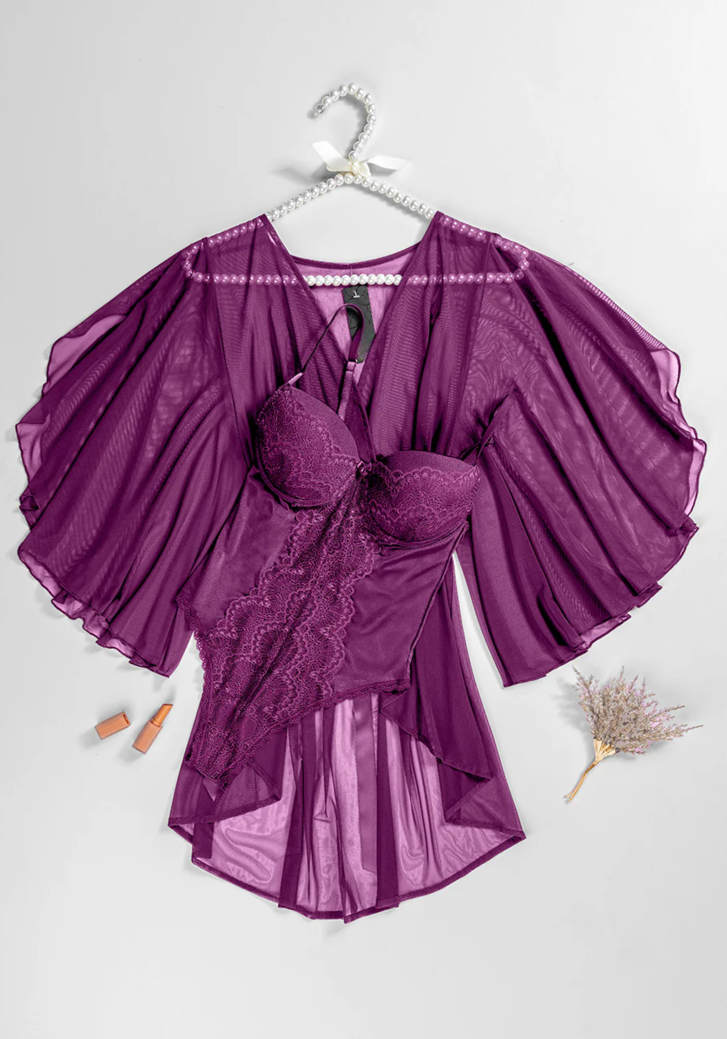 Lingerie Short Robe Set: Satin Lace Padded Bra Bodysuit And Schiffon Butterfly Short Kimono