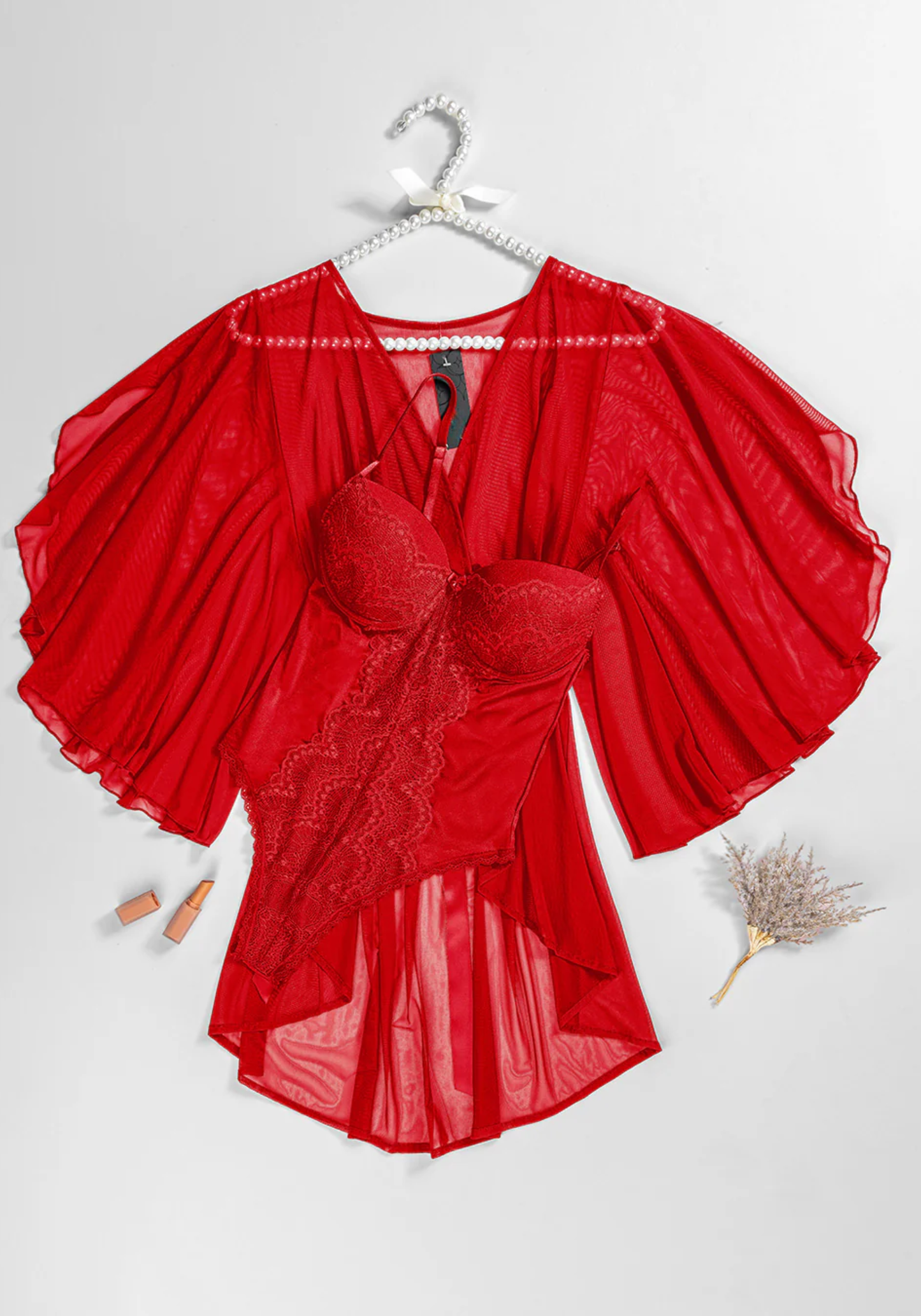 Lingerie Short Robe Set: Satin Lace Padded Bra Bodysuit And Schiffon Butterfly Short Kimono