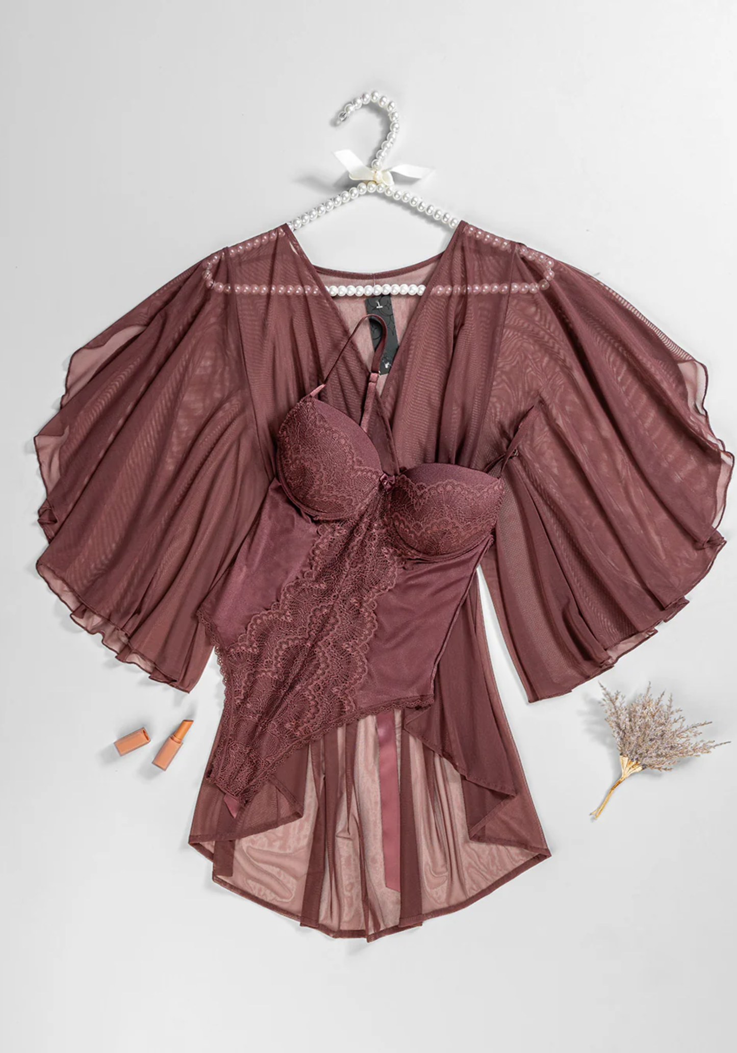 Lingerie Short Robe Set: Satin Lace Padded Bra Bodysuit And Schiffon Butterfly Short Kimono