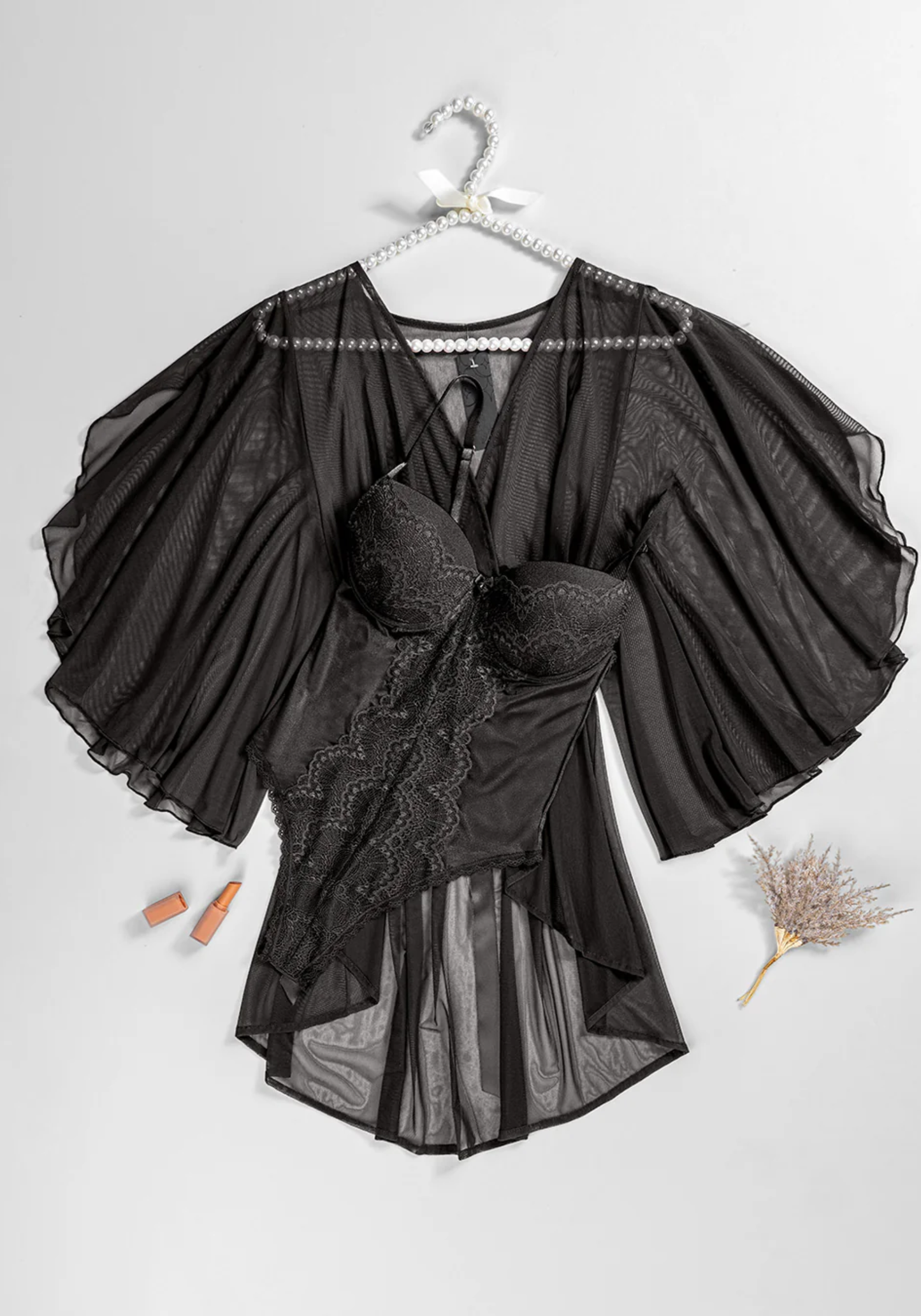 Lingerie Short Robe Set: Satin Lace Padded Bra Bodysuit And Schiffon Butterfly Short Kimono