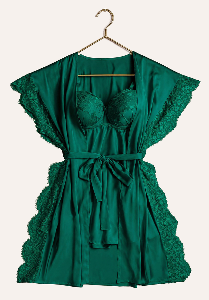 Padded Underwire Satin Babydoll And Satin Robe With Lace On The Sides