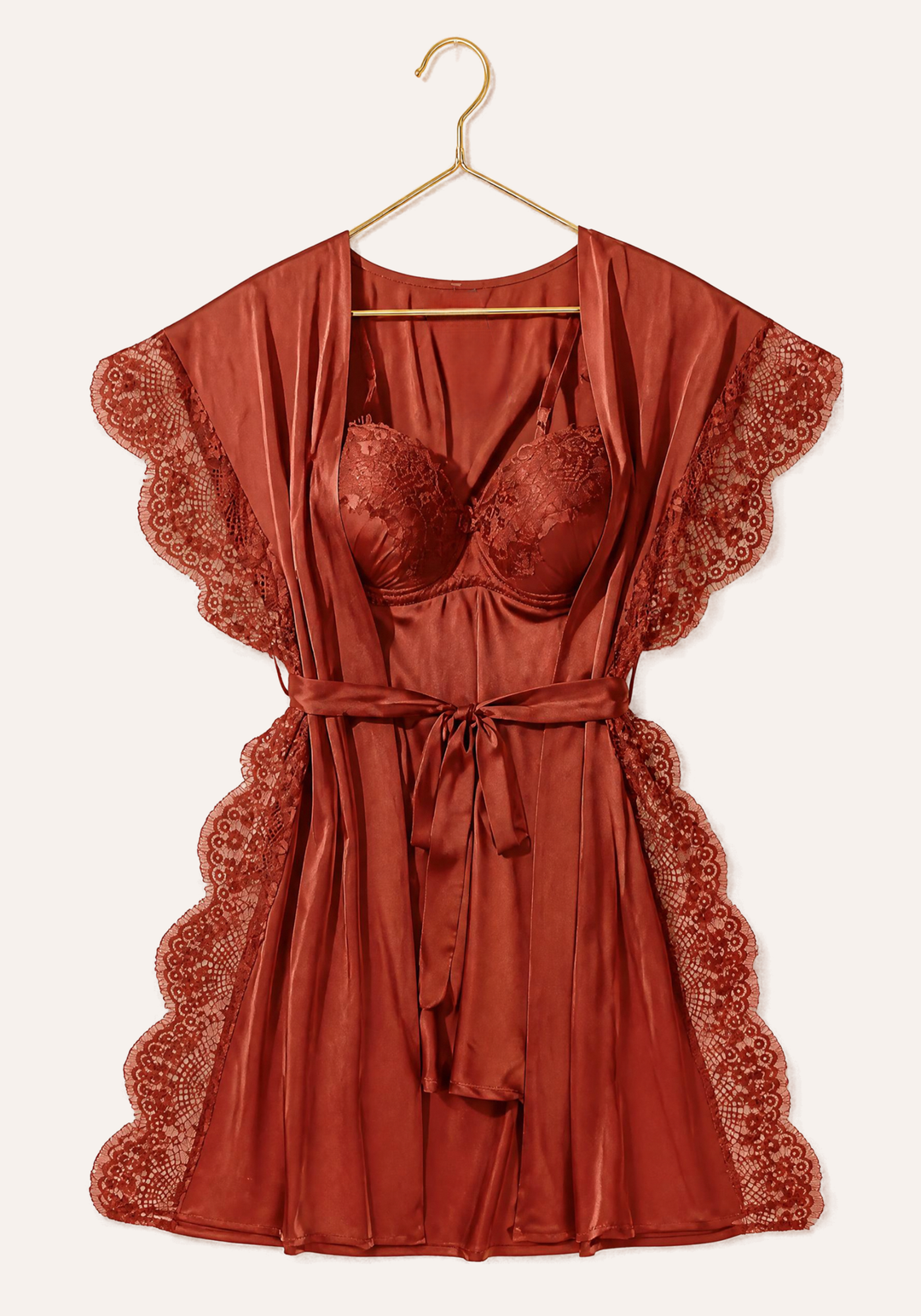 Padded Underwire Satin Babydoll And Satin Robe With Lace On The Sides