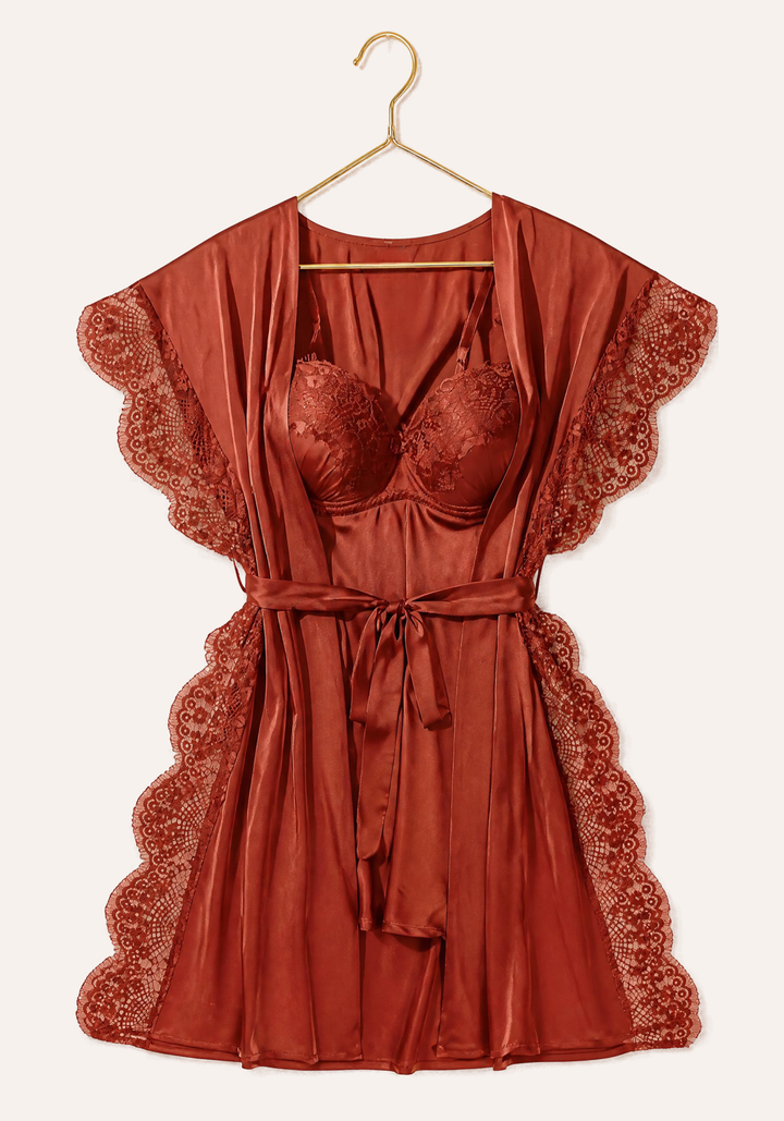 Padded Underwire Satin Babydoll And Satin Robe With Lace On The Sides