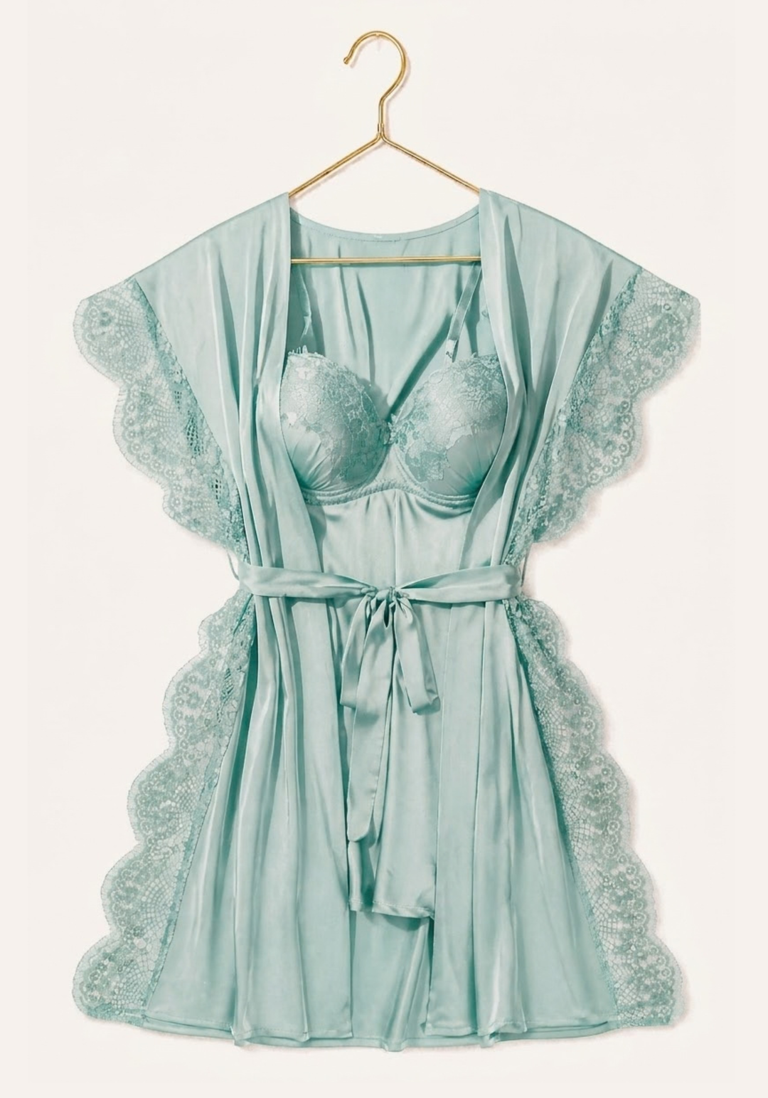 Padded Underwire Satin Babydoll And Satin Robe With Lace On The Sides