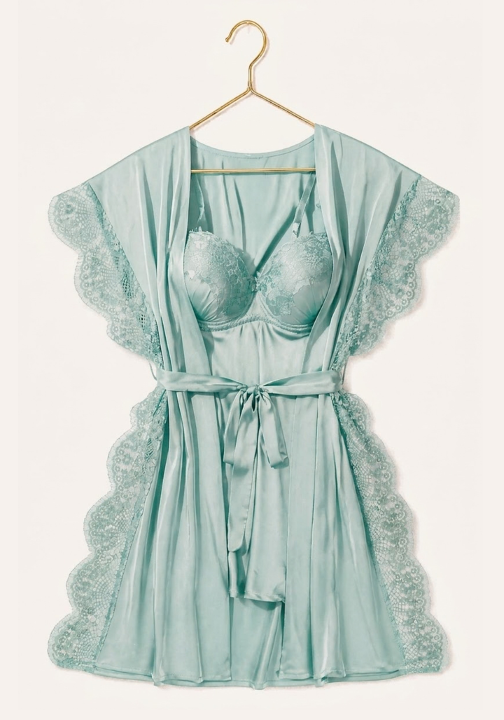 Padded Underwire Satin Babydoll And Satin Robe With Lace On The Sides