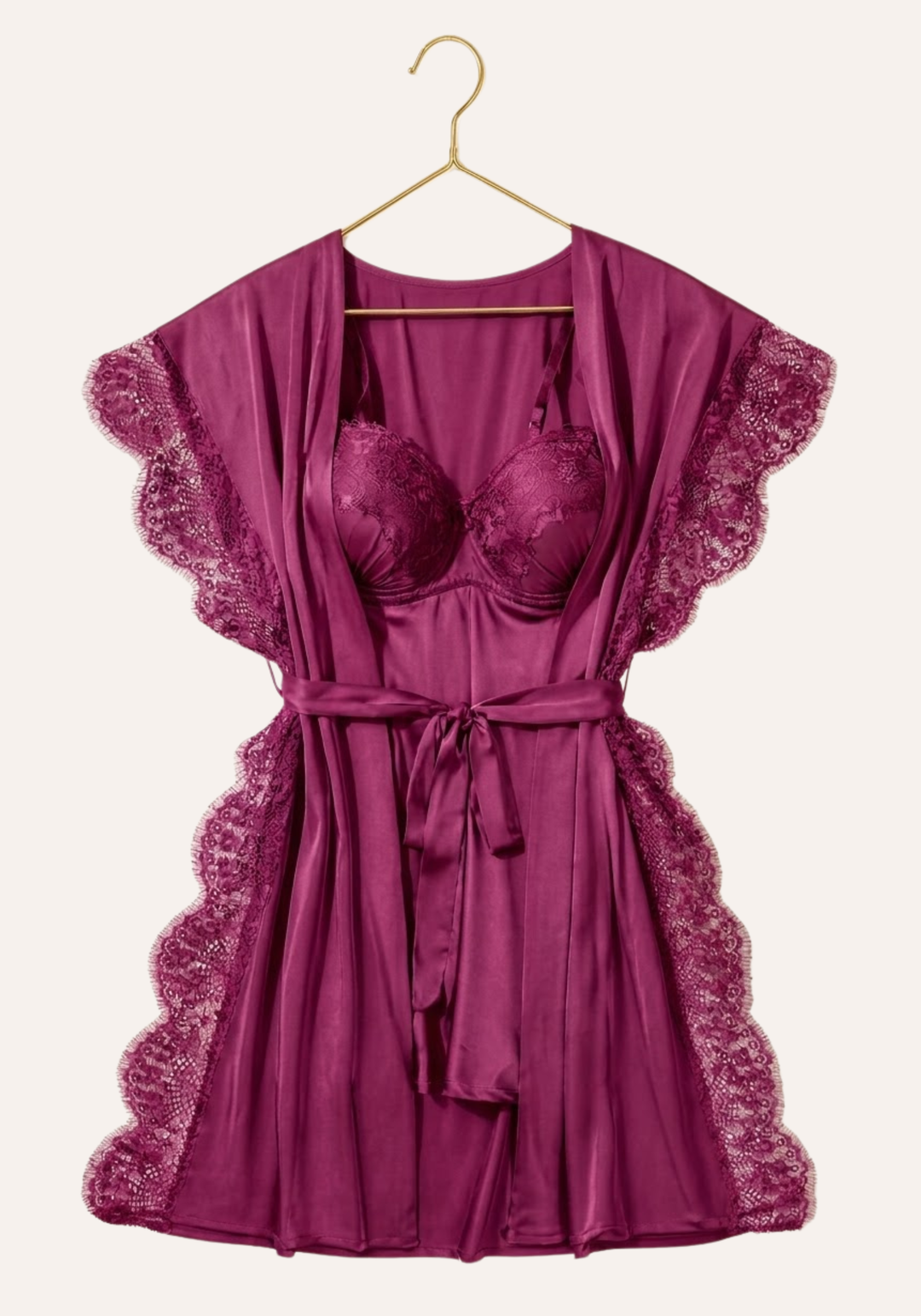 Padded Underwire Satin Babydoll And Satin Robe With Lace On The Sides