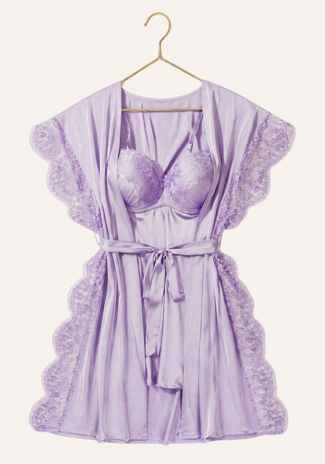 Padded Underwire Satin Babydoll And Satin Robe With Lace On The Sides