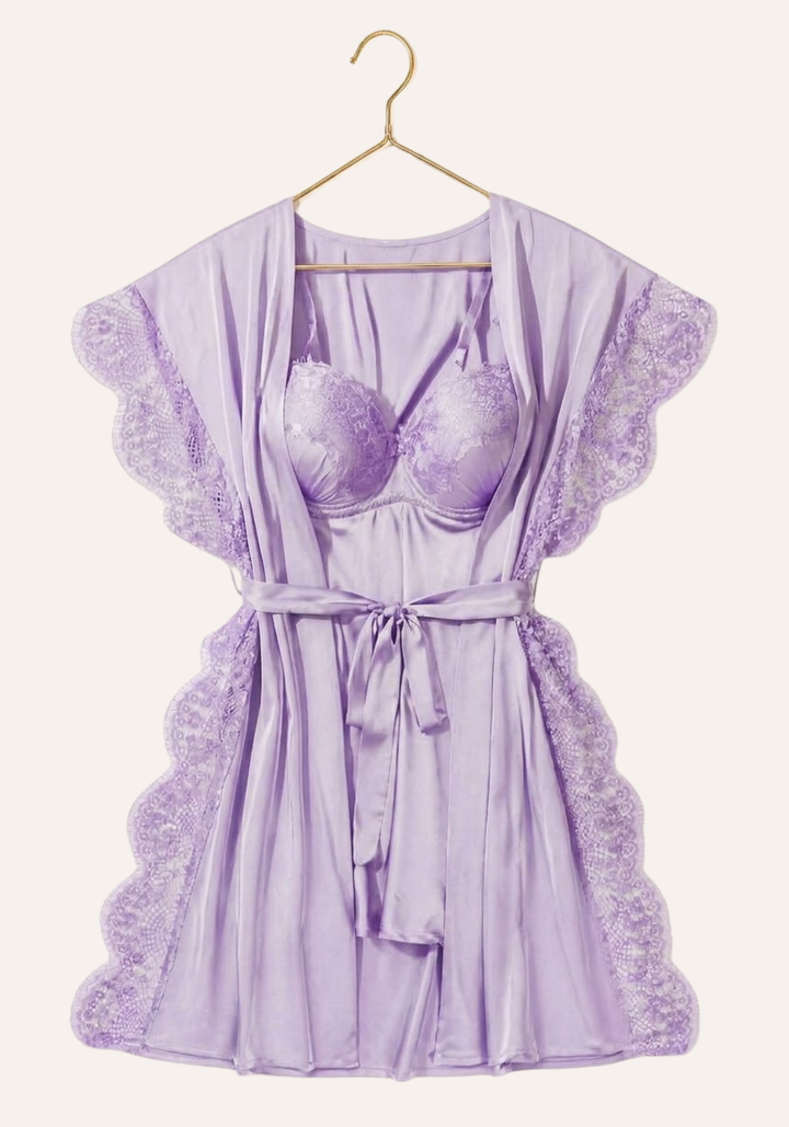 Padded Underwire Satin Babydoll And Satin Robe With Lace On The Sides