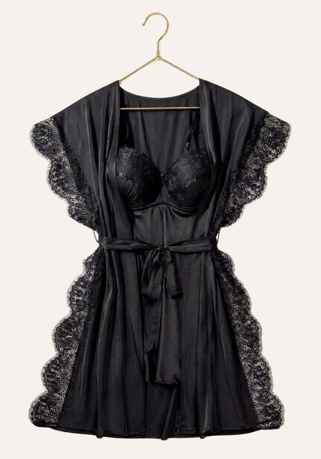 Padded Underwire Satin Babydoll And Satin Robe With Lace On The Sides