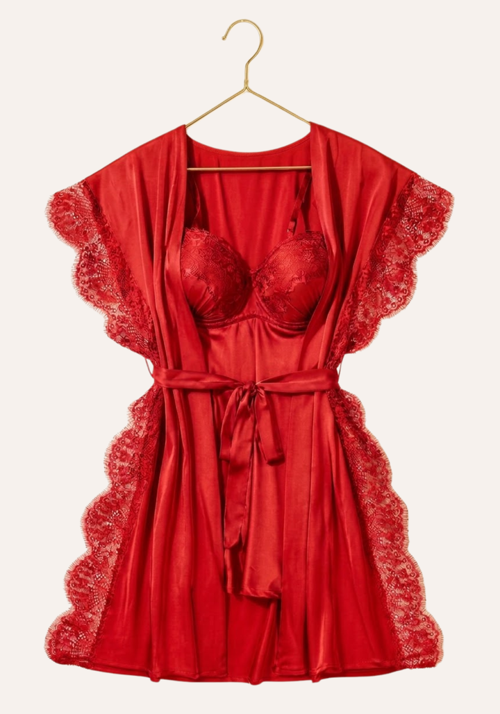 Padded Underwire Satin Babydoll And Satin Robe With Lace On The Sides