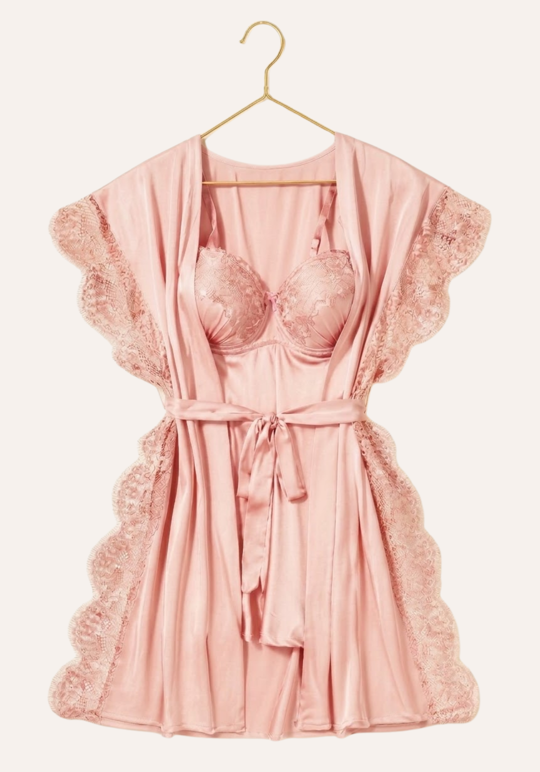 Padded Underwire Satin Babydoll And Satin Robe With Lace On The Sides
