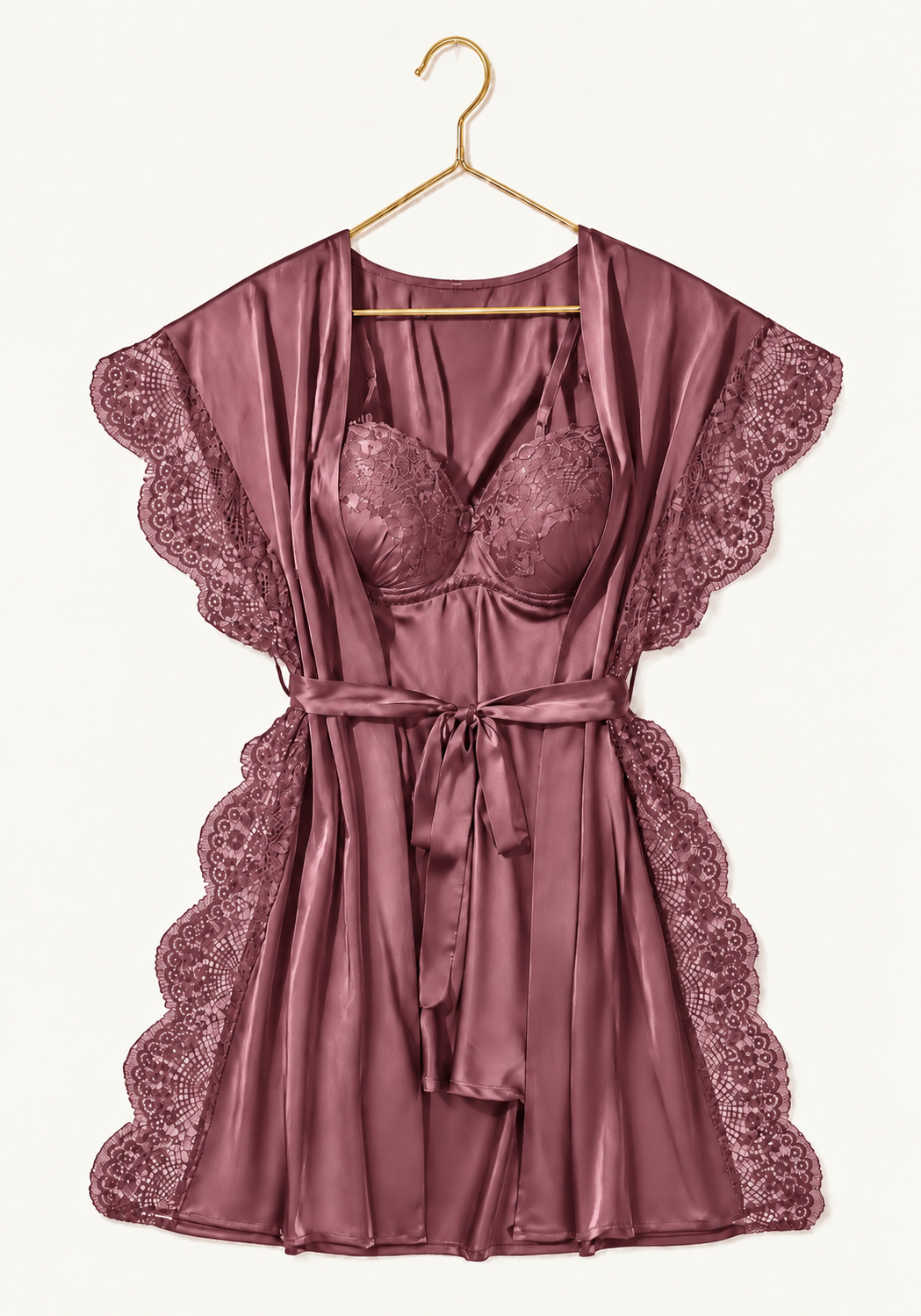 Padded Underwire Satin Babydoll And Satin Robe With Lace On The Sides