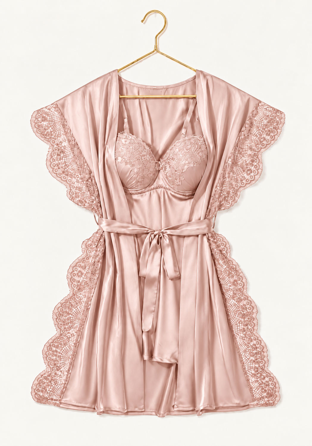 Padded Underwire Satin Babydoll And Satin Robe With Lace On The Sides