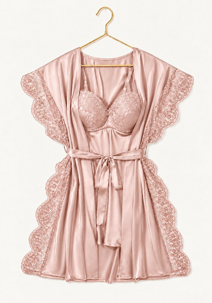 Padded Underwire Satin Babydoll And Satin Robe With Lace On The Sides