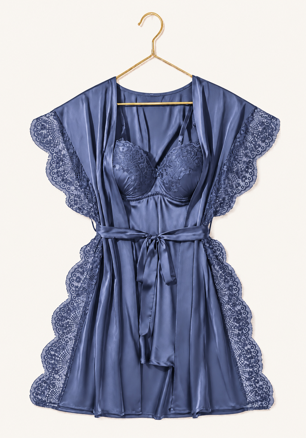 Padded Underwire Satin Babydoll And Satin Robe With Lace On The Sides