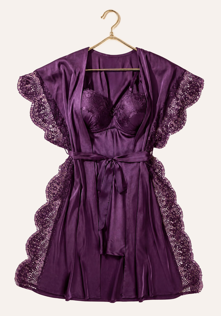 Padded Underwire Satin Babydoll And Satin Robe With Lace On The Sides