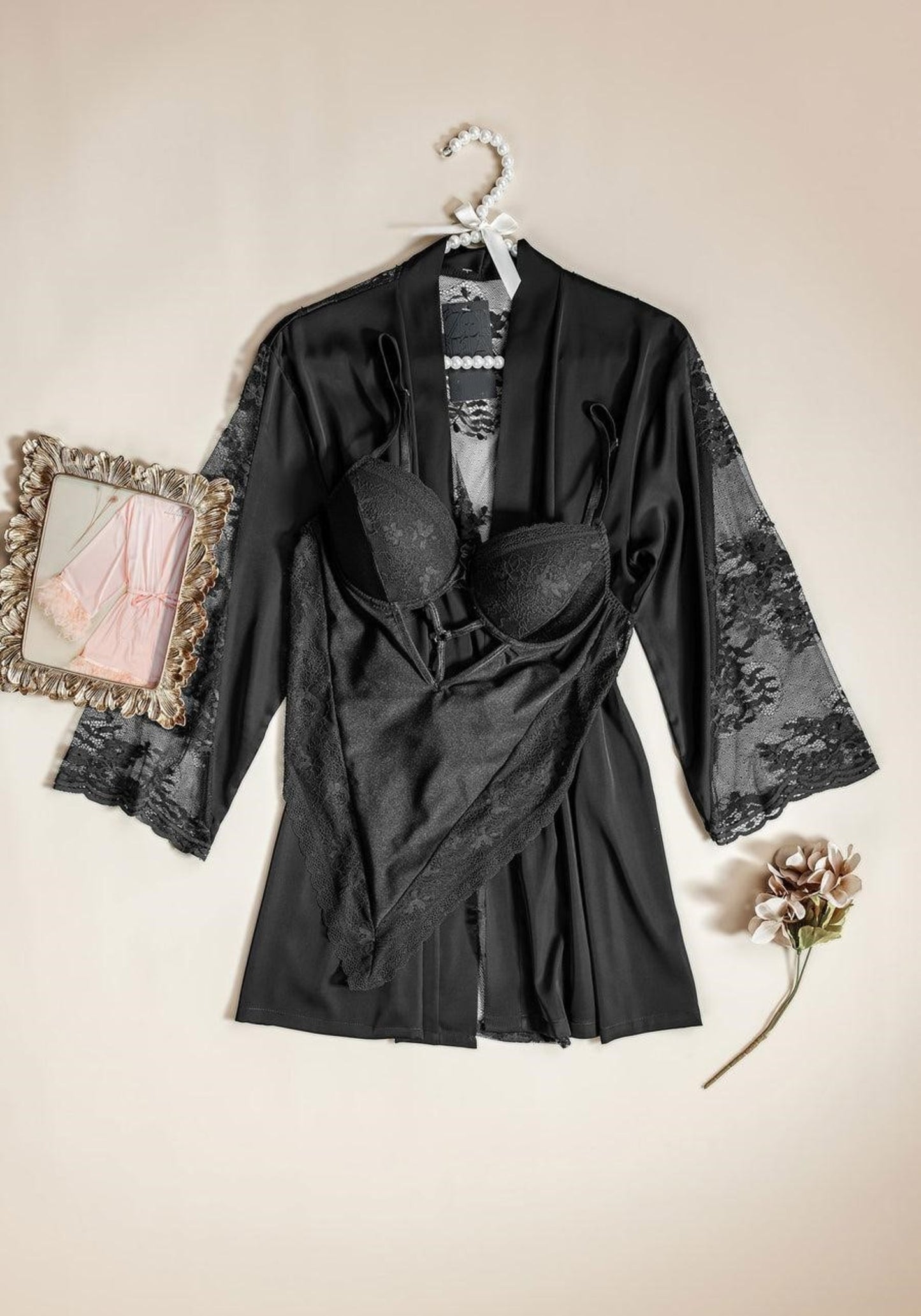 Bodysuit Robe Set: Padded Bra Satin Lace Bodysuit And Satin Lace Short Kimono