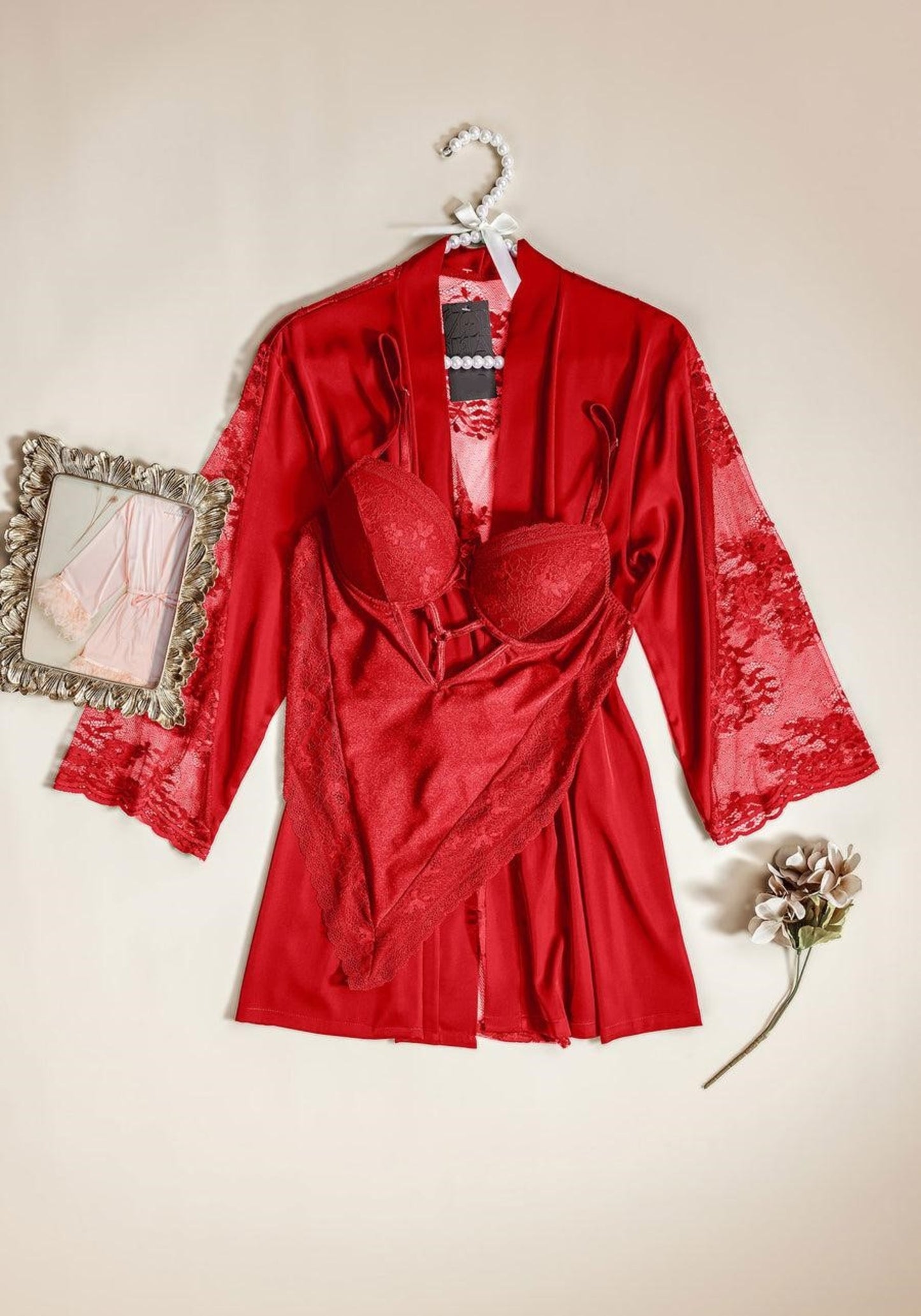 Bodysuit Robe Set: Padded Bra Satin Lace Bodysuit And Satin Lace Short Kimono