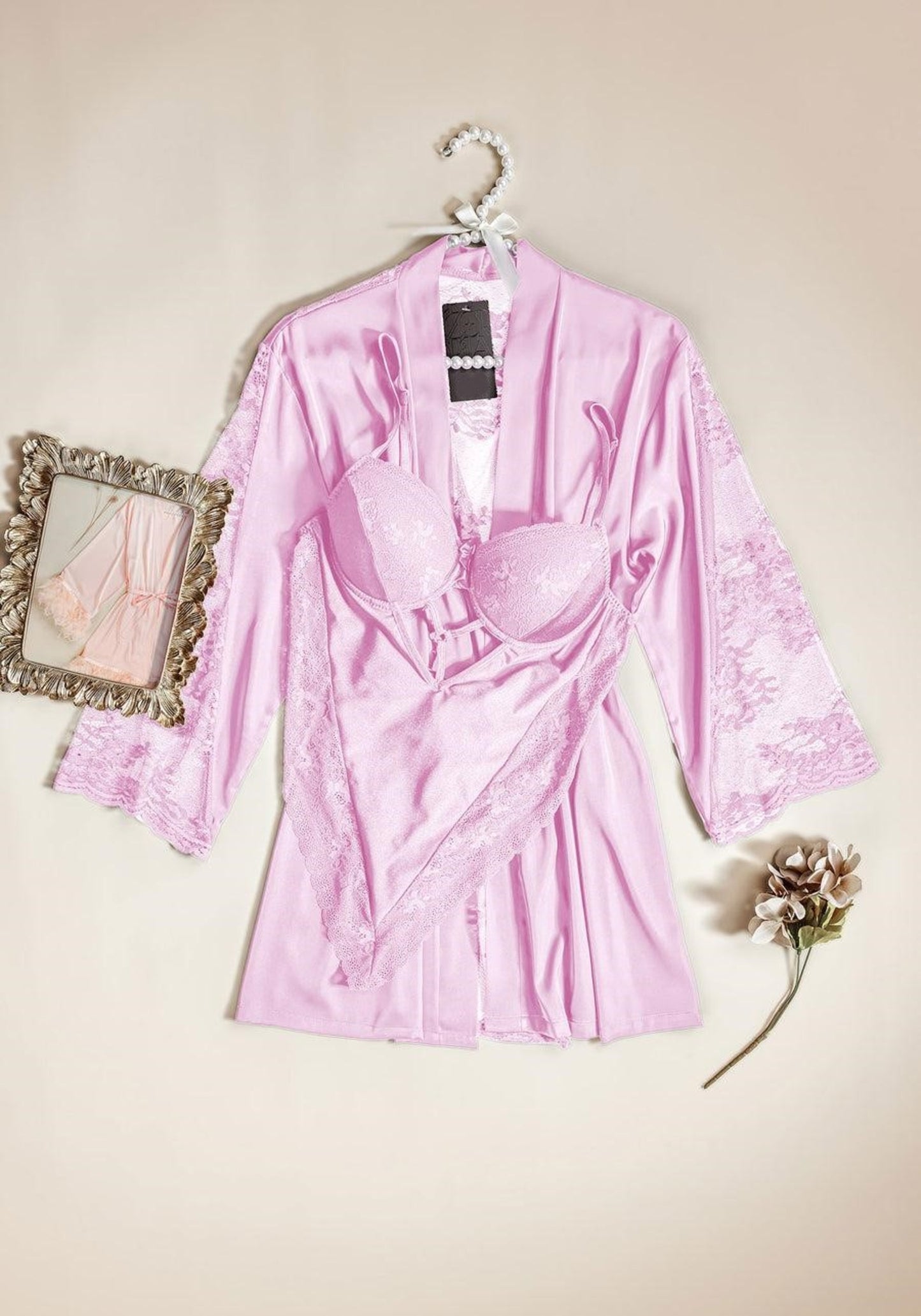 Bodysuit Robe Set: Padded Bra Satin Lace Bodysuit And Satin Lace Short Kimono