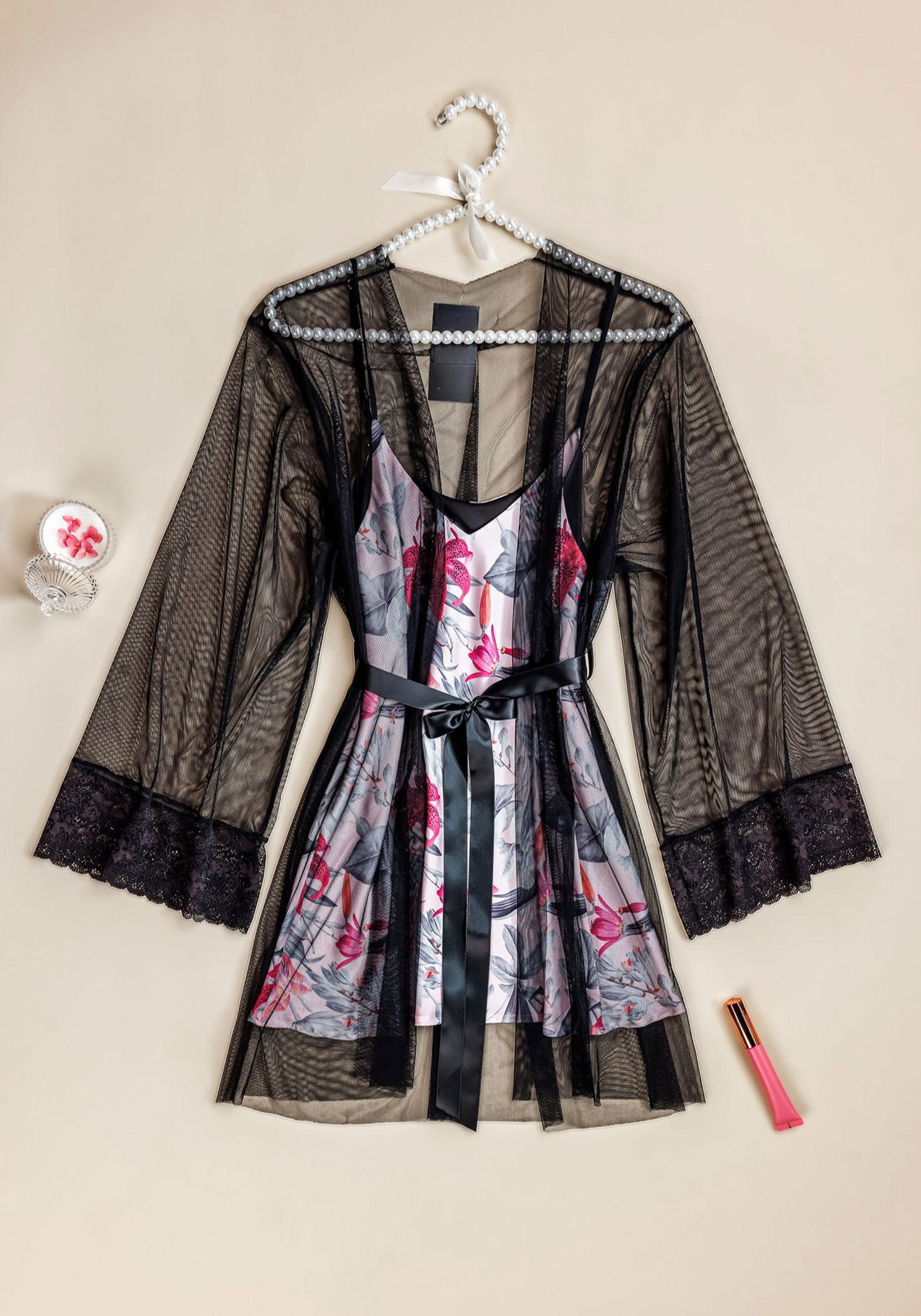 Satin Robe Set: Floral Print Satin Babydoll With Schiffon Short Kimono
