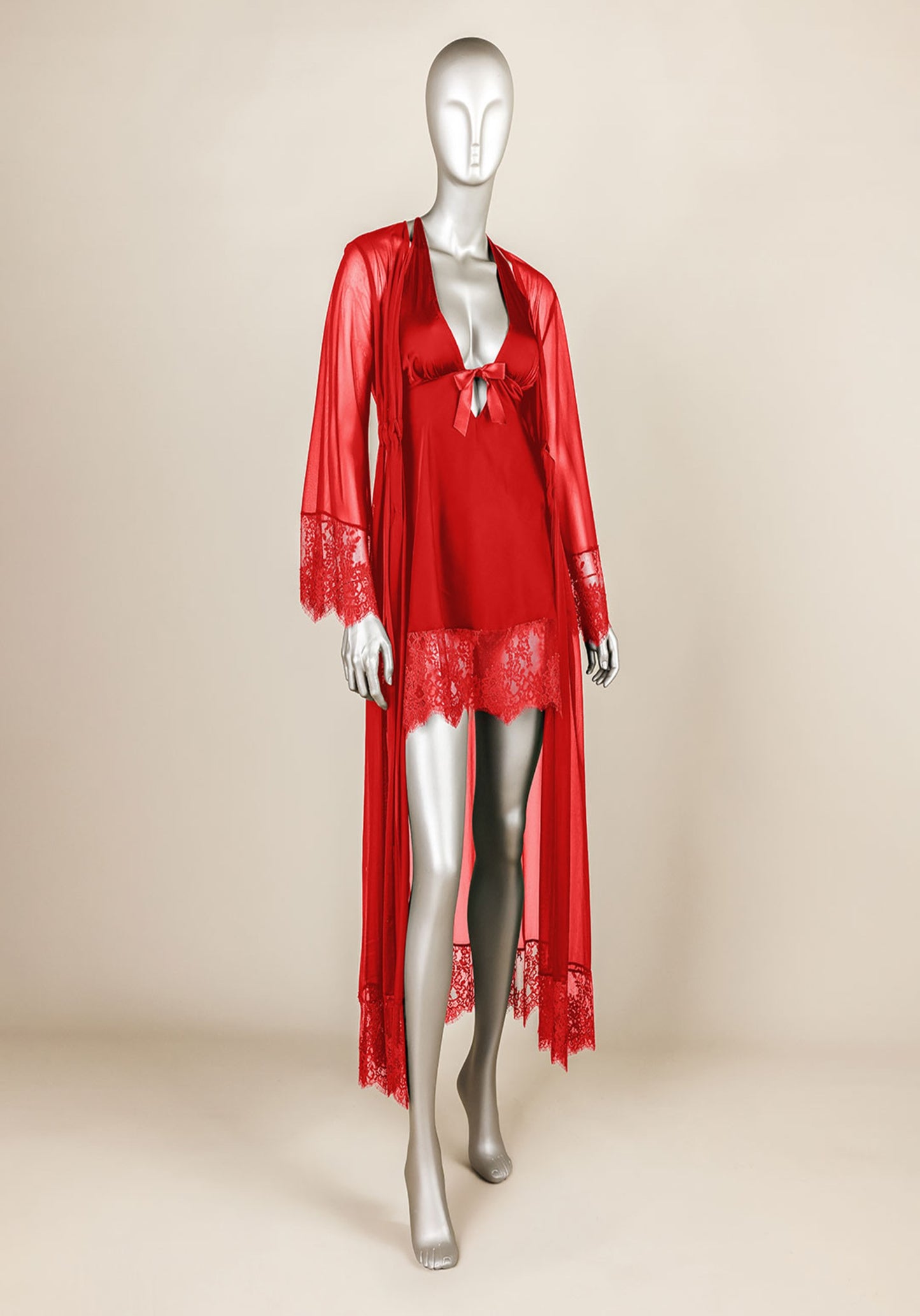 Satin Robe Set: Satin Babydoll With Bottom Lace And Long Chiffon Lace Kimono