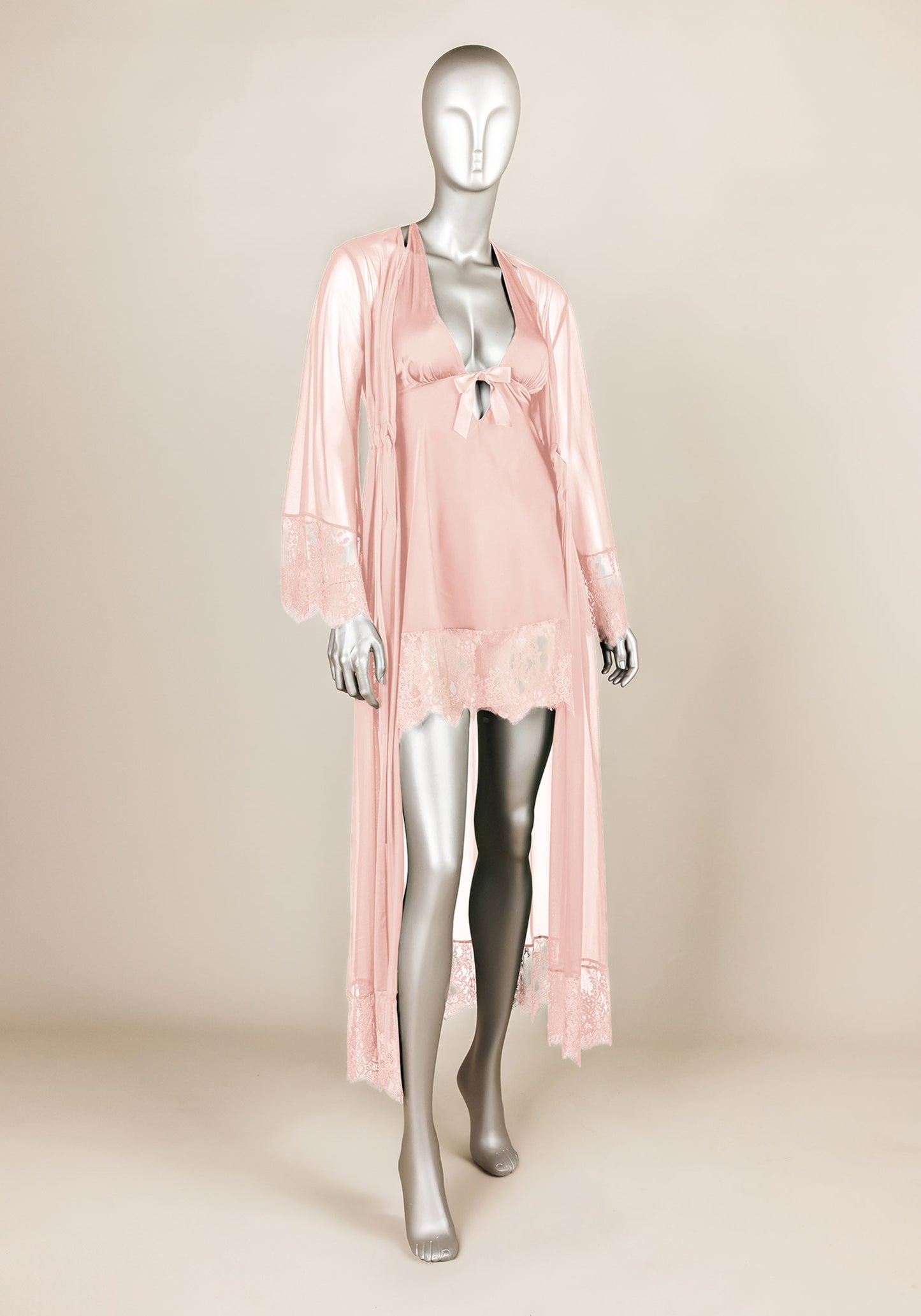 Satin Robe Set: Satin Babydoll With Bottom Lace And Long Chiffon Lace Kimono