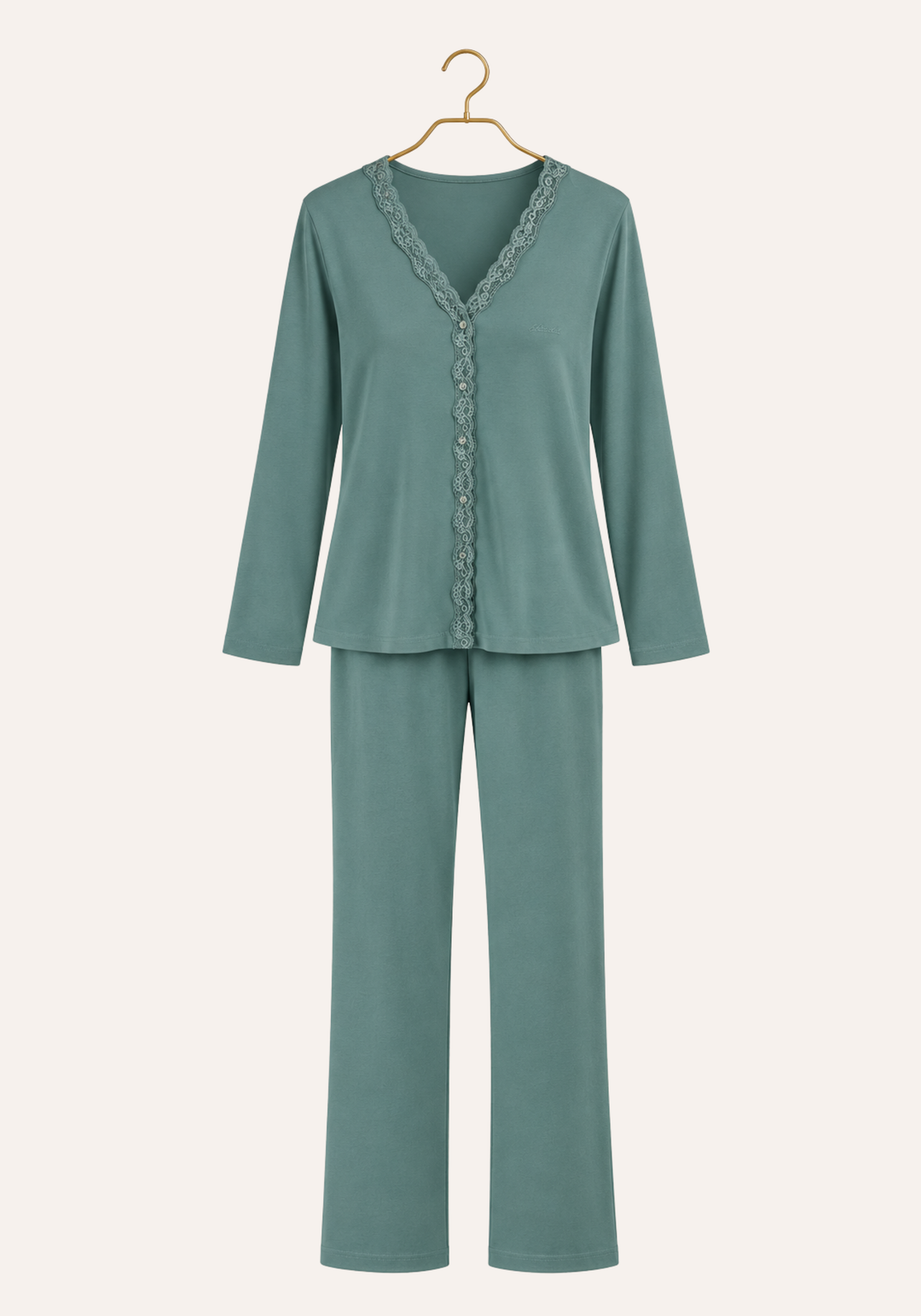 Plain Buttoned Front Long Sleeve Pant Pajama With Lace Detail