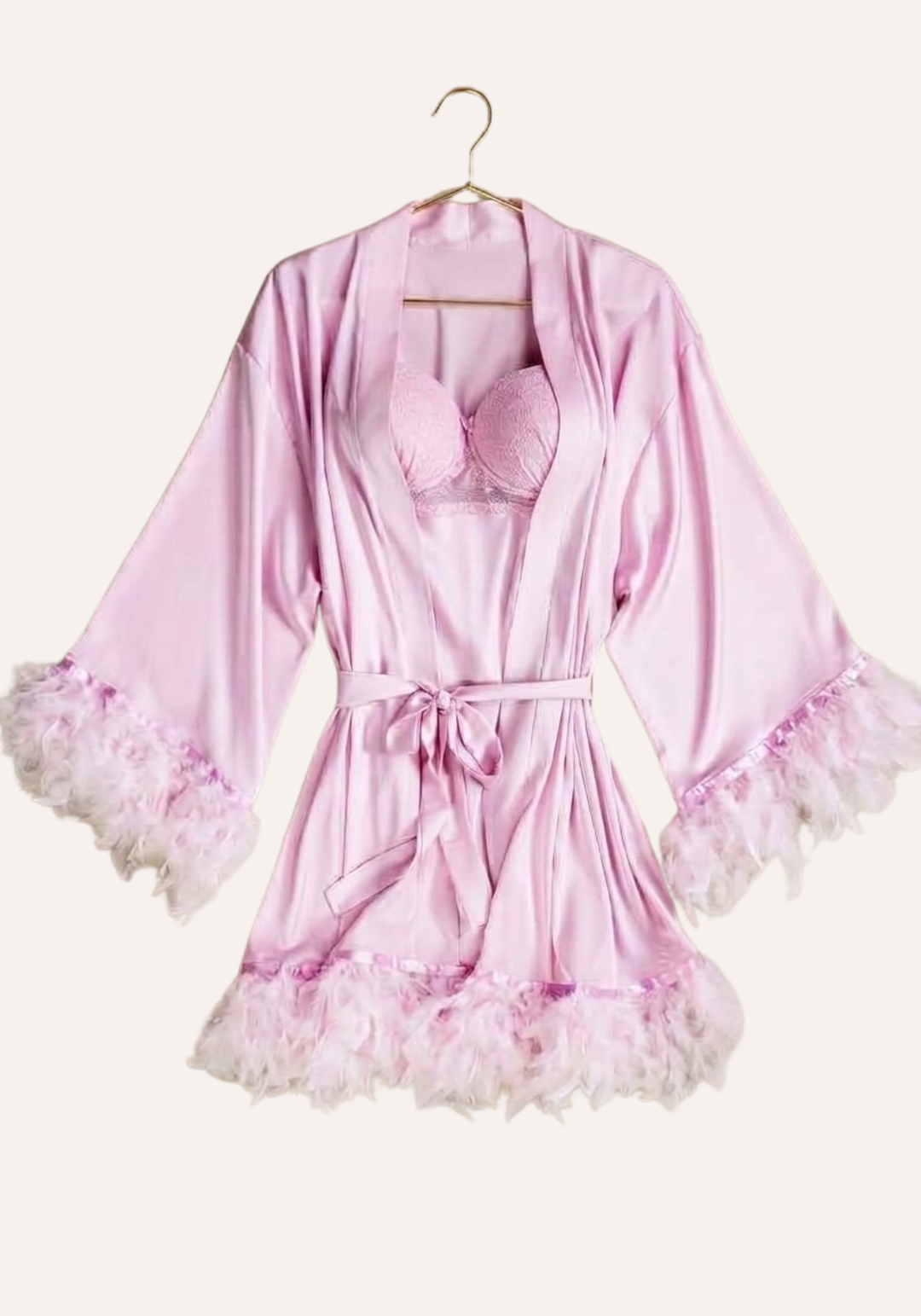Padded Underwire Bra Satin Babydoll And Long Short Satin Furr Kimono