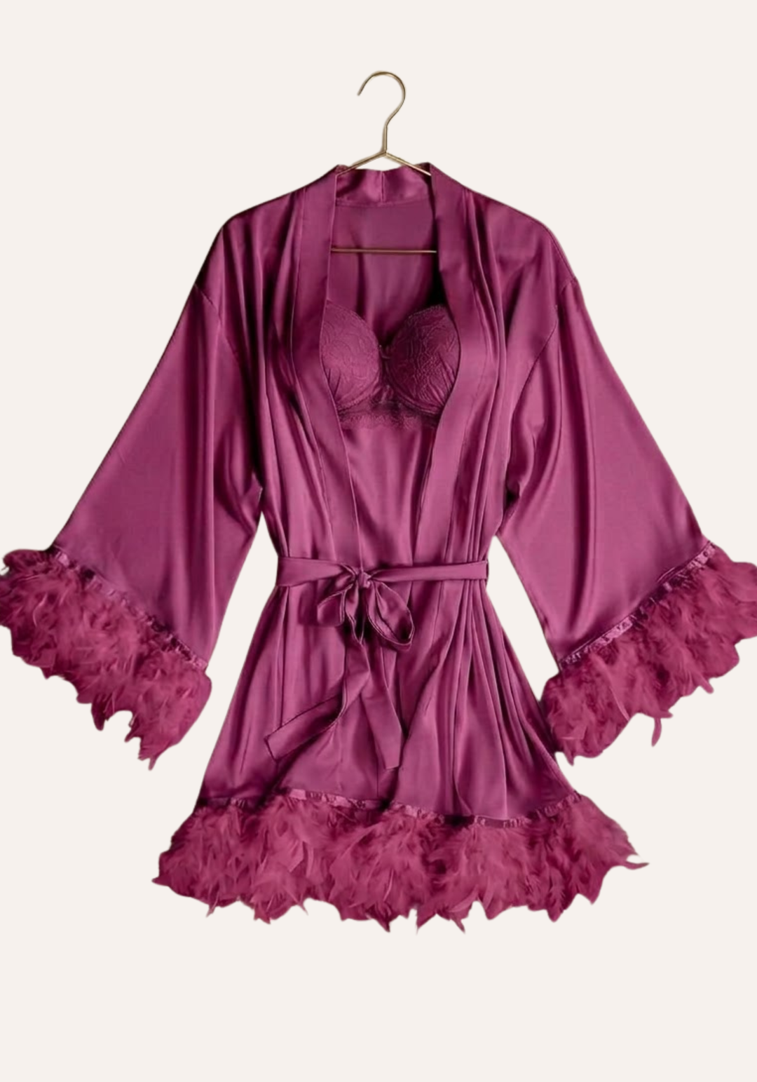 Padded Underwire Bra Satin Babydoll And Long Short Satin Furr Kimono