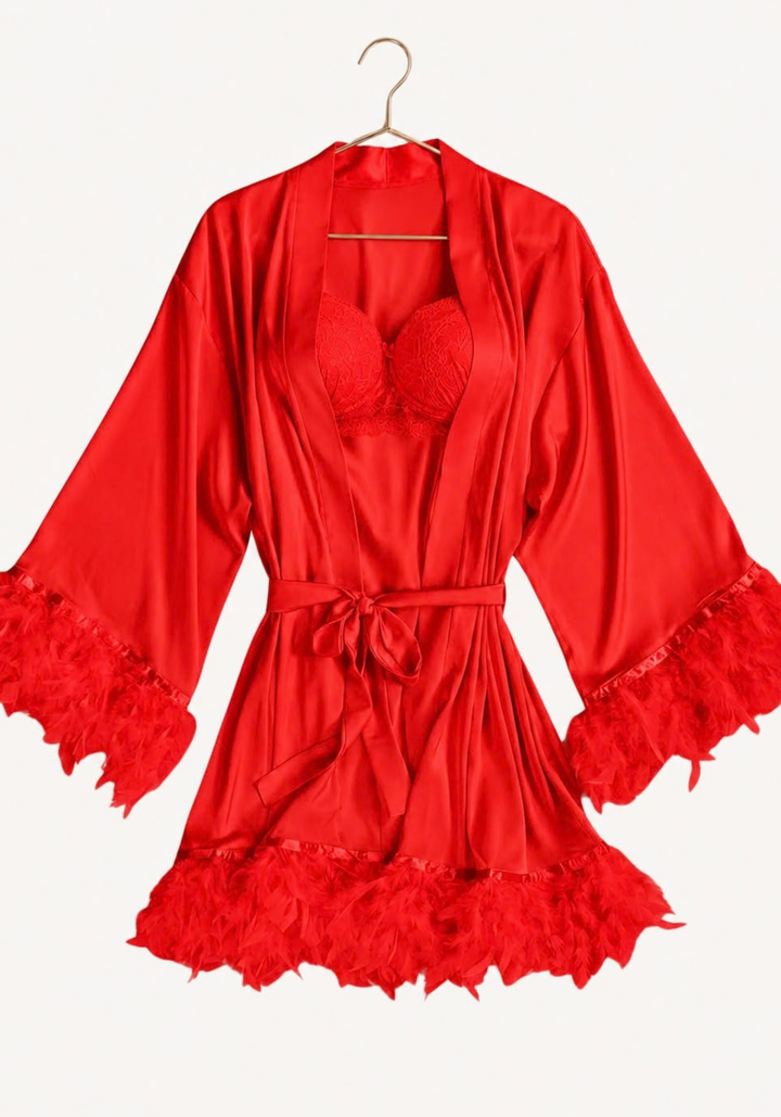 Padded Underwire Bra Satin Babydoll And Long Short Satin Furr Kimono