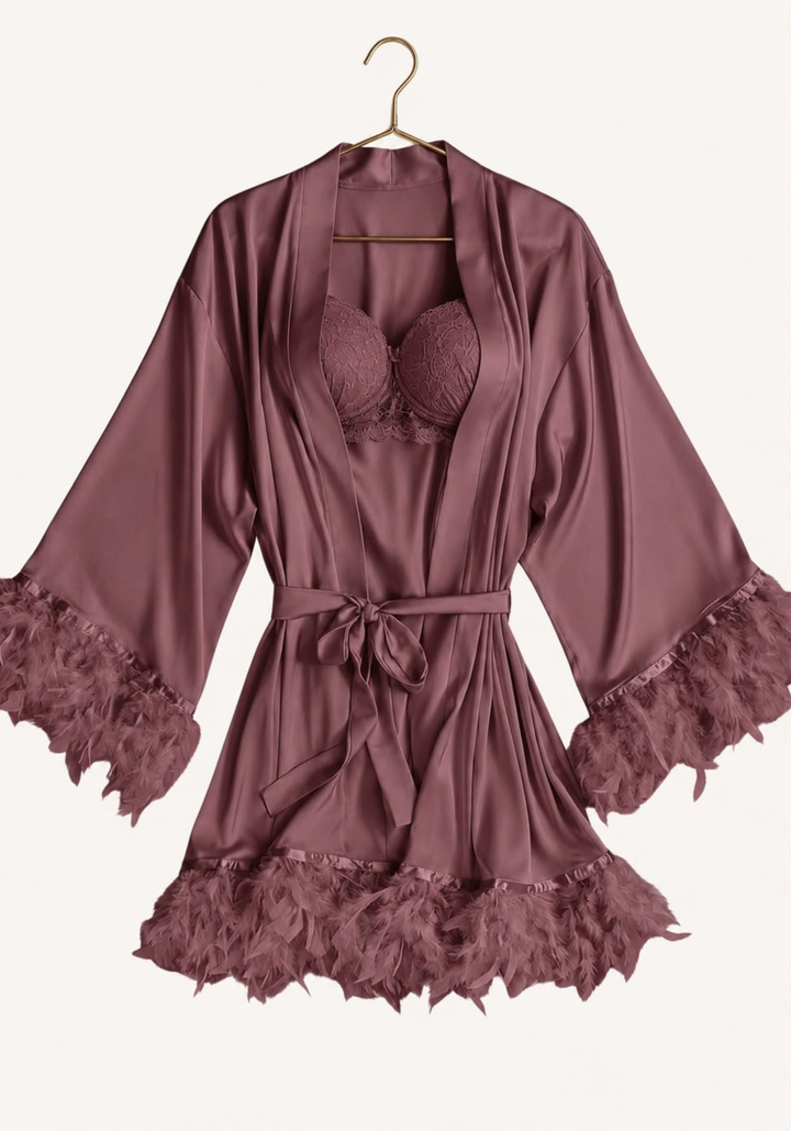 Padded Underwire Bra Satin Babydoll And Long Short Satin Furr Kimono