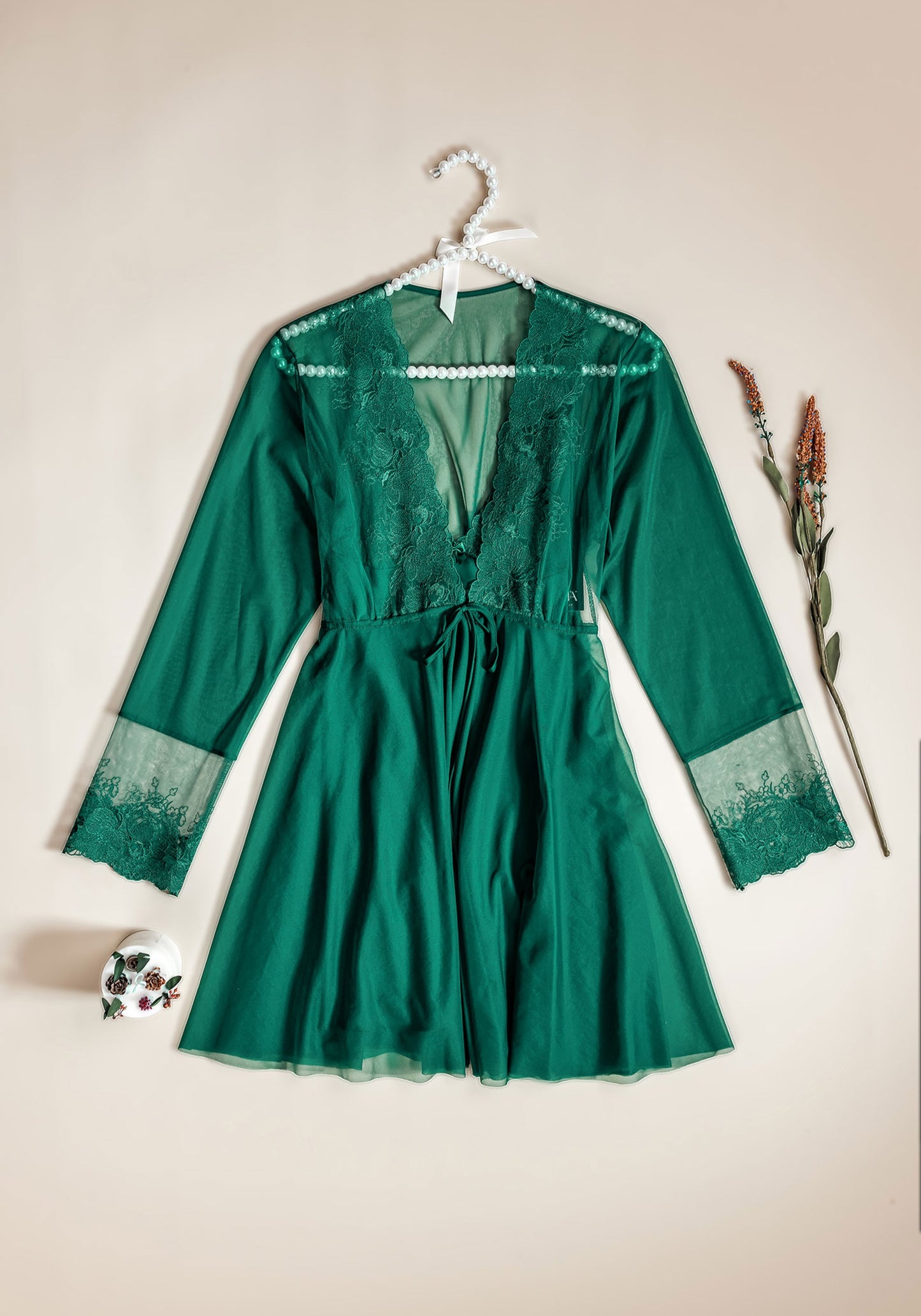 Satin Robe Set: Satin Lace Babydoll And Short Satin Lace Kimono