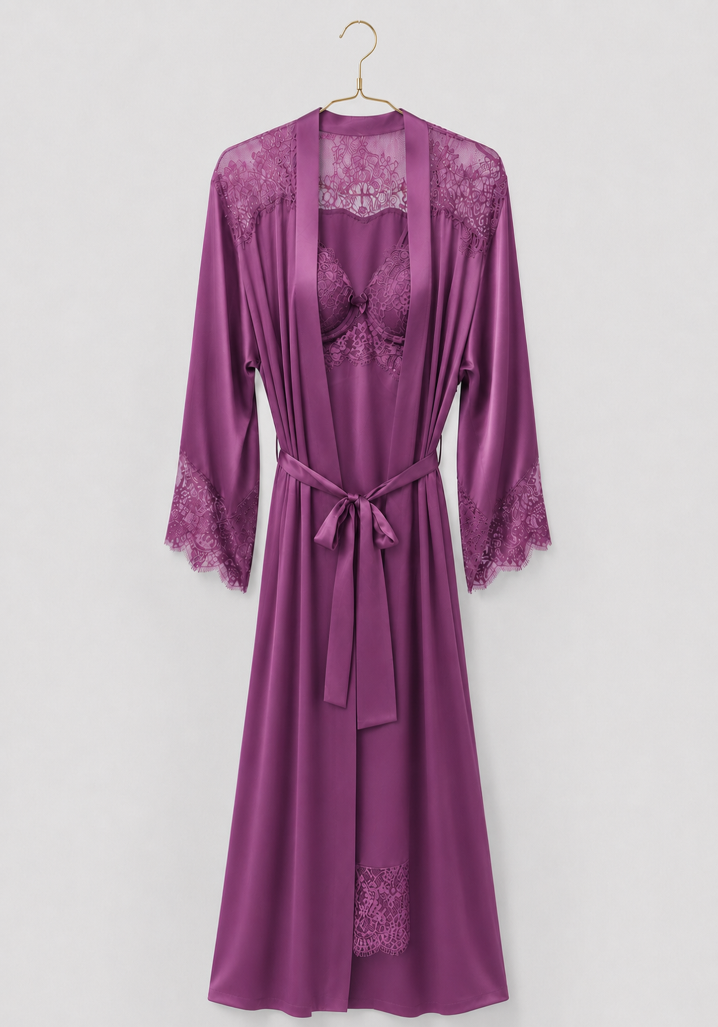 Lingerie Long Robe Set: Satin Padded Underwire Cup Long Nighty And Satin Long Sleeve Long Robe With Lace Detail