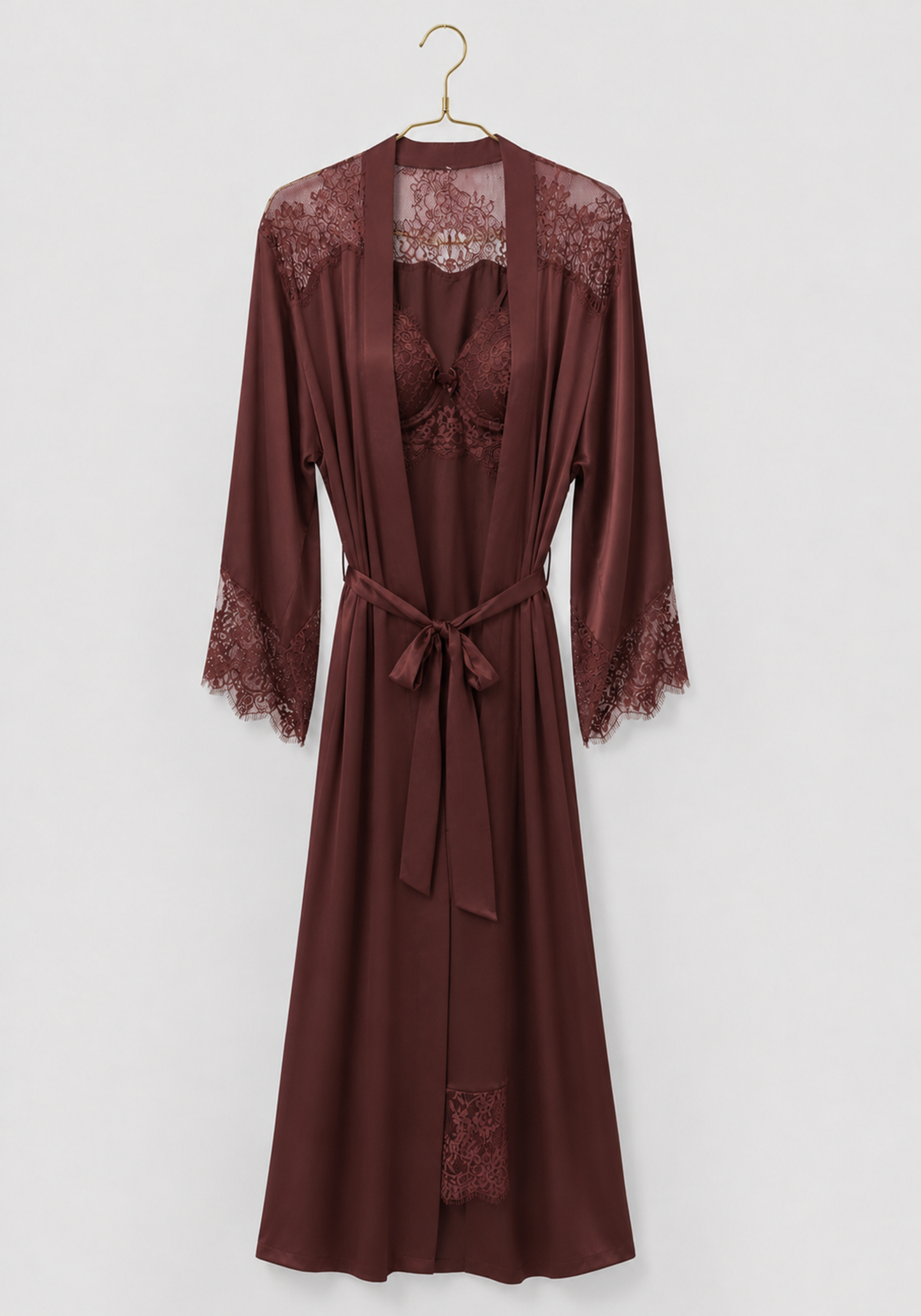 Lingerie Long Robe Set: Satin Padded Underwire Cup Long Nighty And Satin Long Sleeve Long Robe With Lace Detail