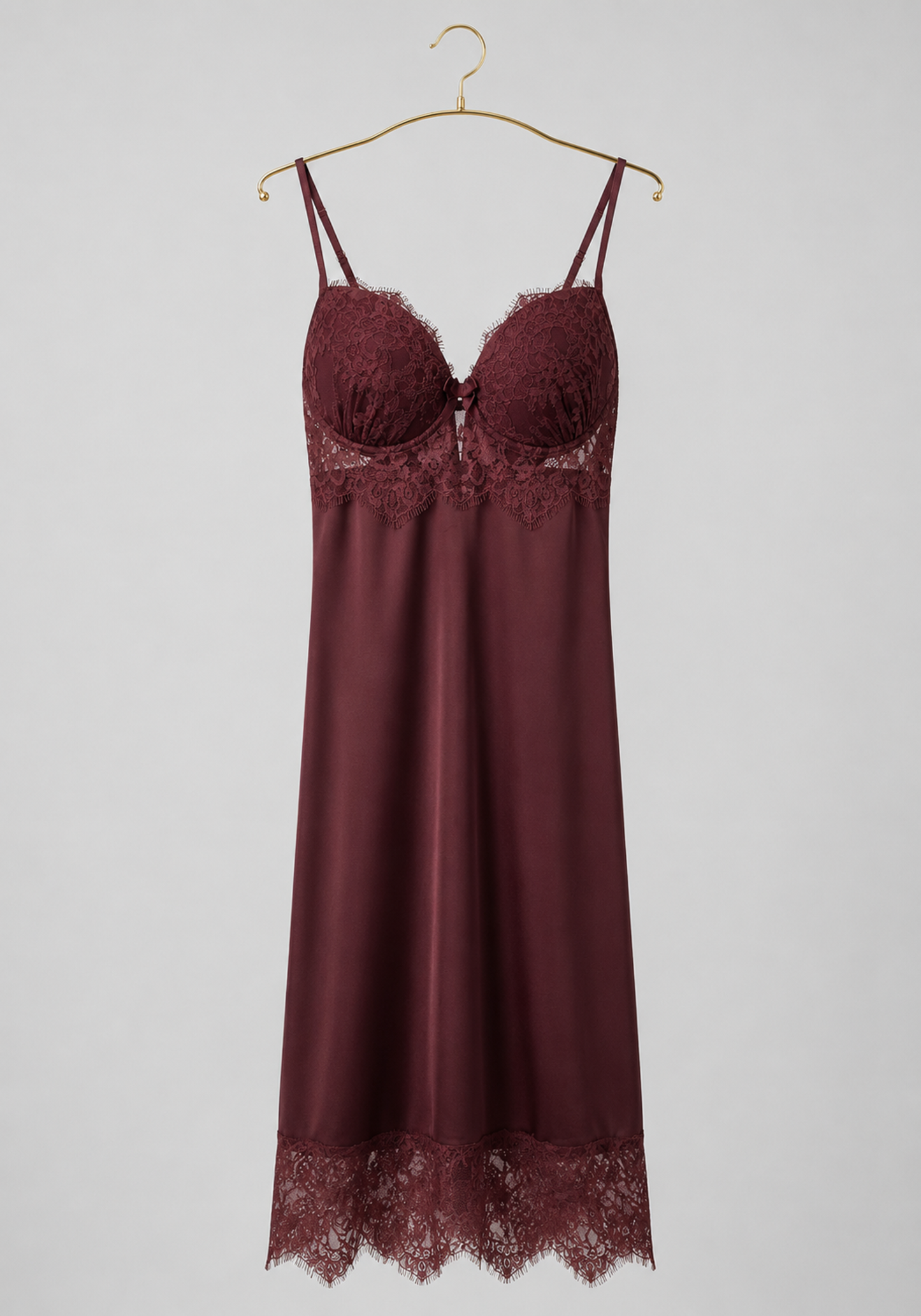 Lingerie Long Robe Set: Satin Padded Underwire Cup Long Nighty And Satin Long Sleeve Long Robe With Lace Detail