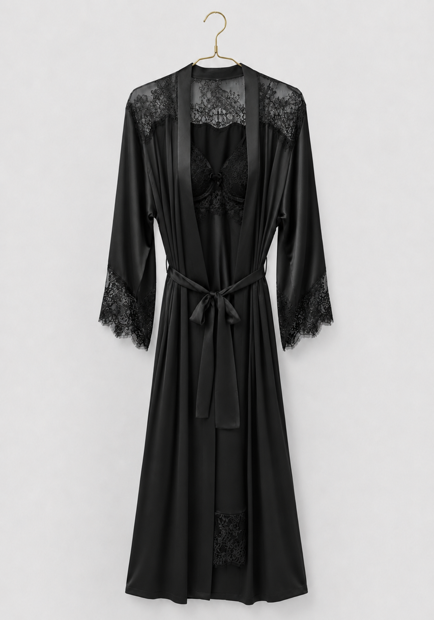 Lingerie Long Robe Set: Satin Padded Underwire Cup Long Nighty And Satin Long Sleeve Long Robe With Lace Detail