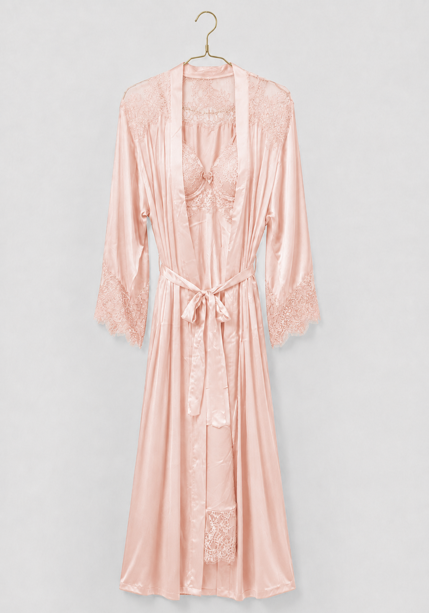 Lingerie Long Robe Set: Satin Padded Underwire Cup Long Nighty And Satin Long Sleeve Long Robe With Lace Detail