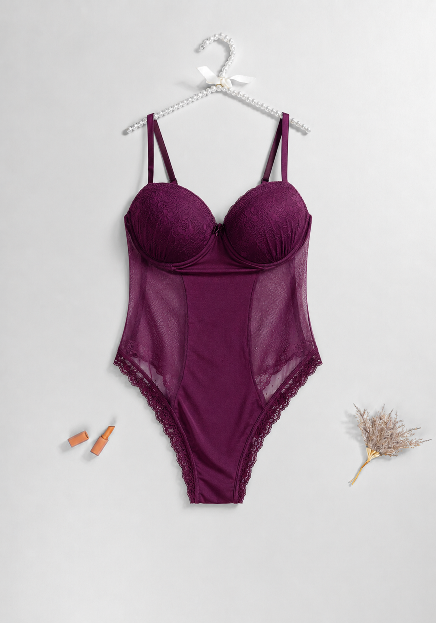 Lingerie Short Robe Set: Underwire Padded Cup Toulle Bodysuit And Toulle Short Robe