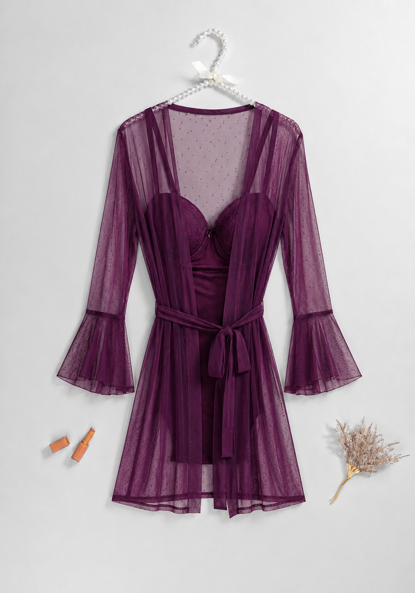 Lingerie Short Robe Set: Underwire Padded Cup Toulle Bodysuit And Toulle Short Robe