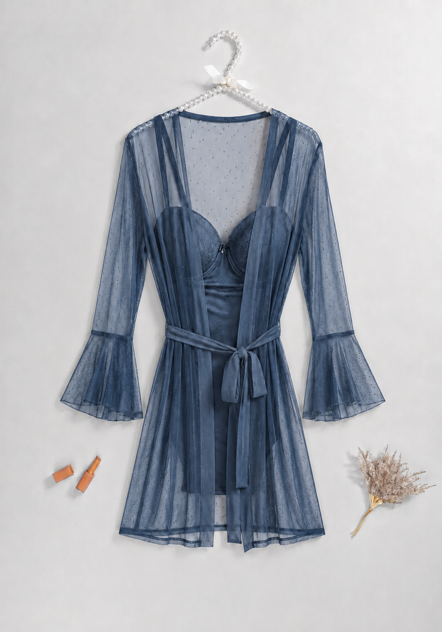 Lingerie Short Robe Set: Underwire Padded Cup Toulle Bodysuit And Toulle Short Robe