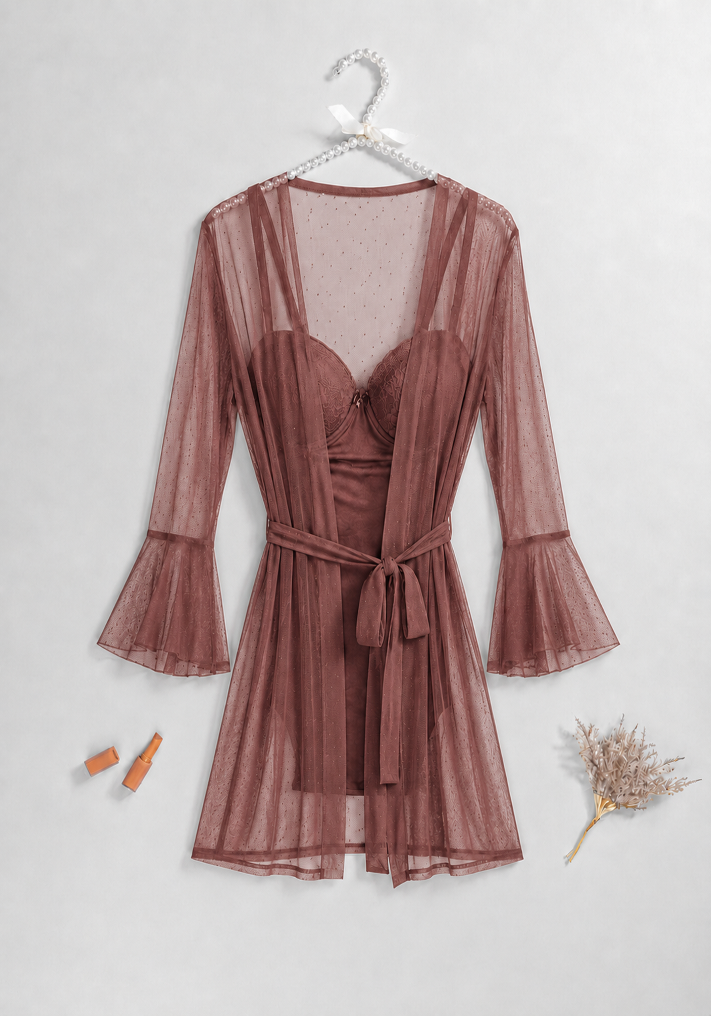 Lingerie Short Robe Set: Underwire Padded Cup Toulle Bodysuit And Toulle Short Robe