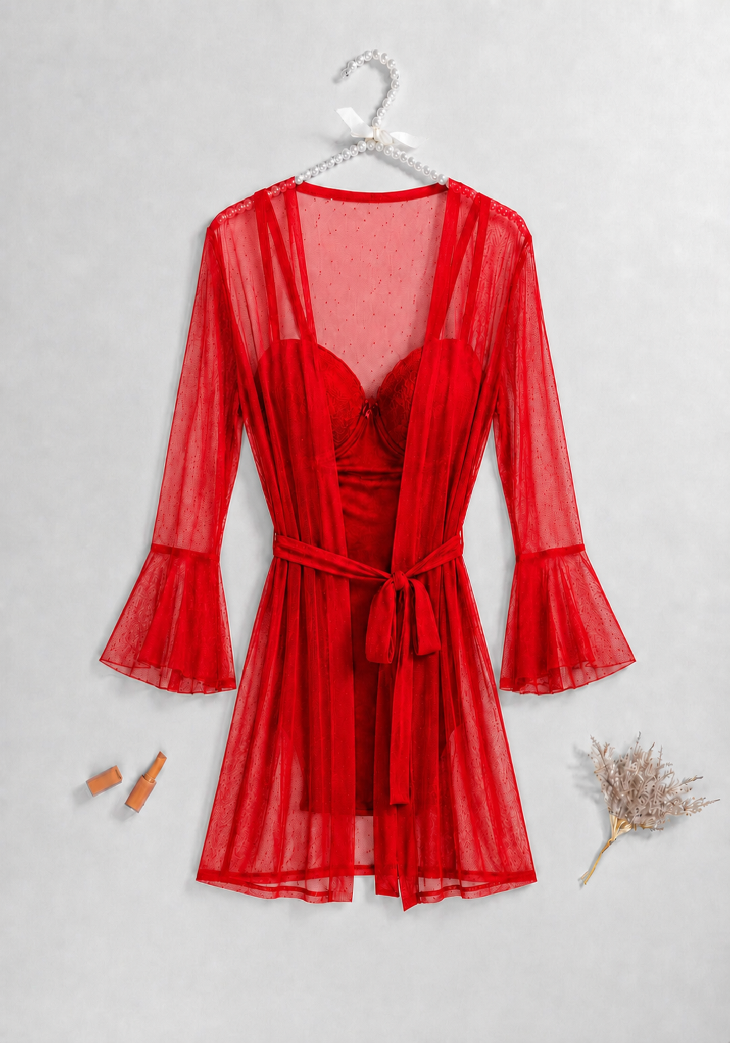 Lingerie Short Robe Set: Underwire Padded Cup Toulle Bodysuit And Toulle Short Robe