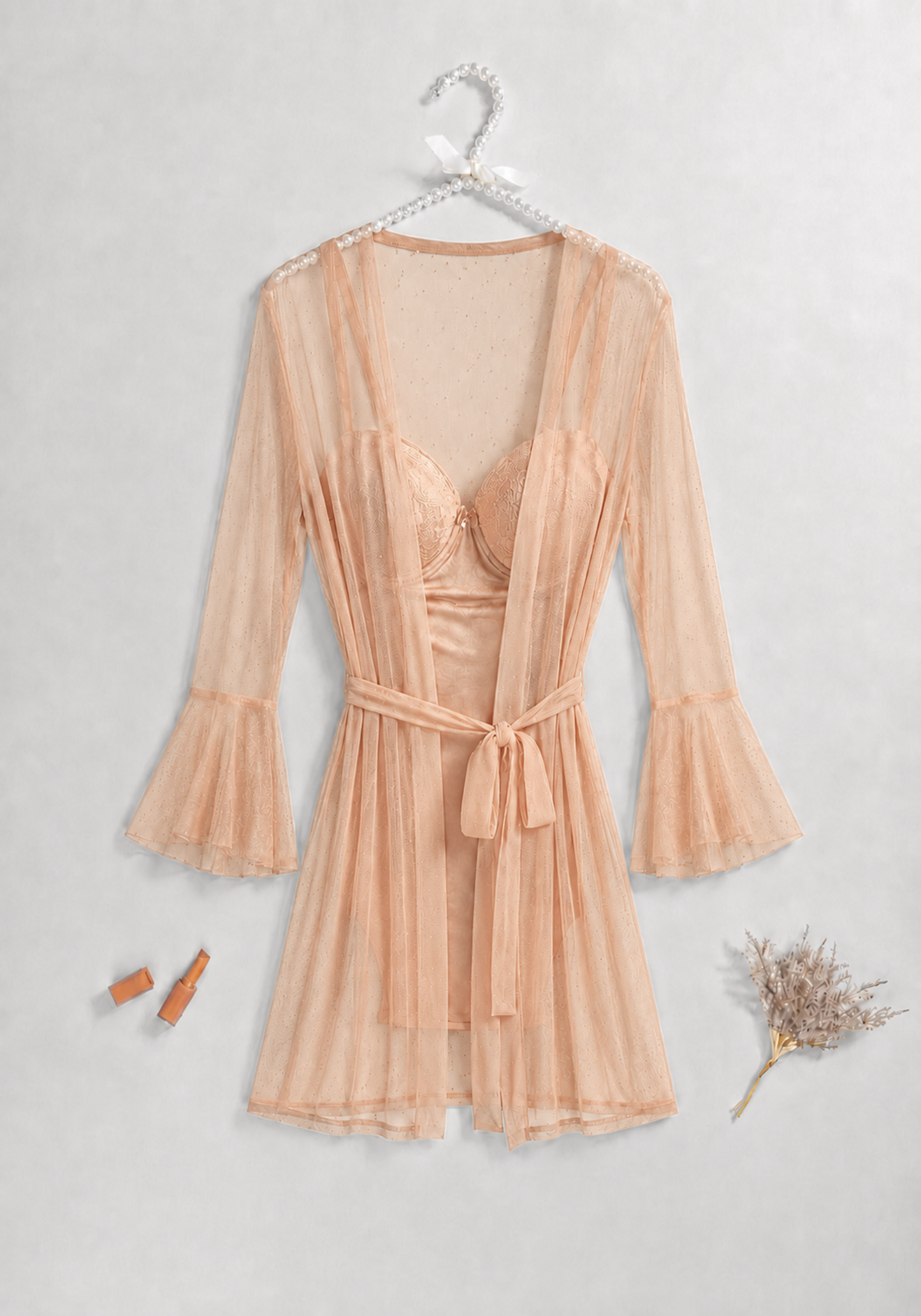 Lingerie Short Robe Set: Underwire Padded Cup Toulle Bodysuit And Toulle Short Robe