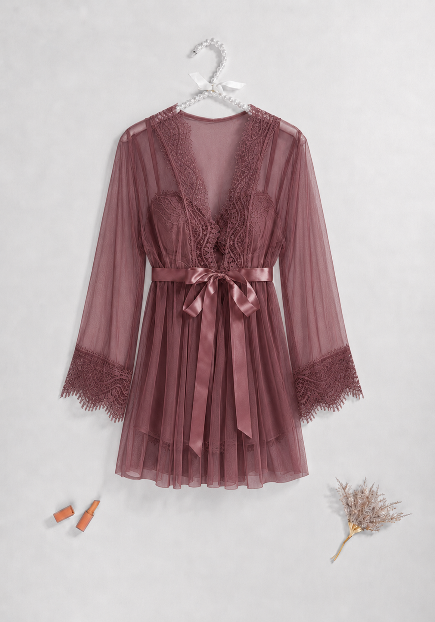 Lingerie Short Robe Set: Underwire Padded Cup Babydoll And Schiffon Short Robe With Dantel