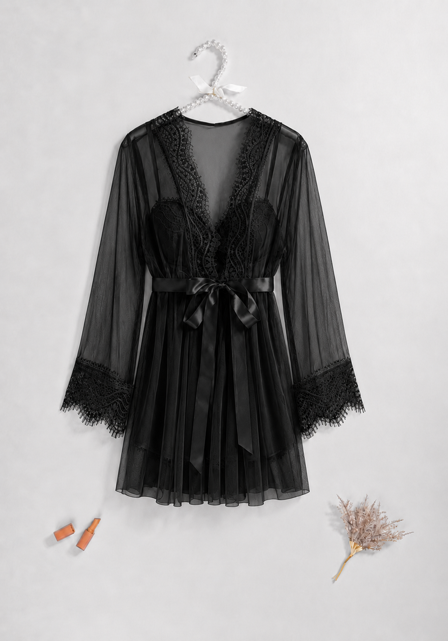 Lingerie Short Robe Set: Underwire Padded Cup Babydoll And Schiffon Short Robe With Dantel