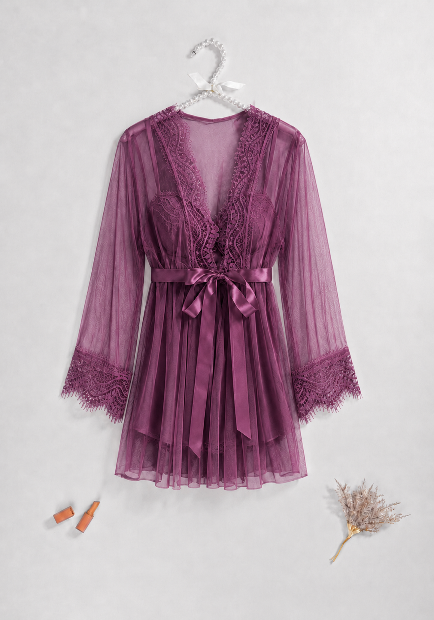 Lingerie Short Robe Set: Underwire Padded Cup Babydoll And Schiffon Short Robe With Dantel